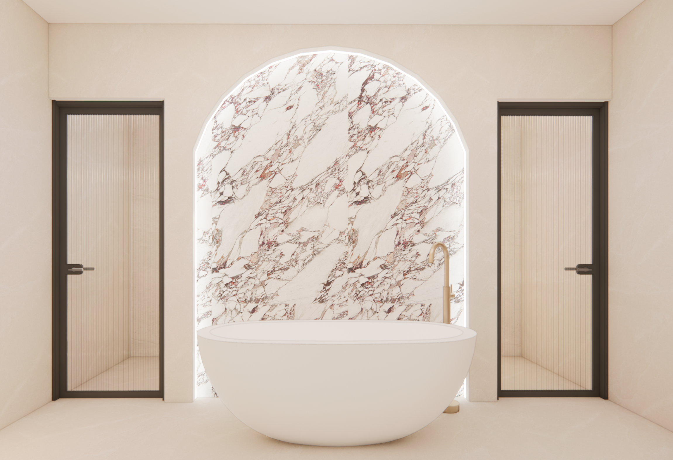 Modern bathroom with marble wall background, freestanding bathtub, and two shower stalls with frosted glass doors.