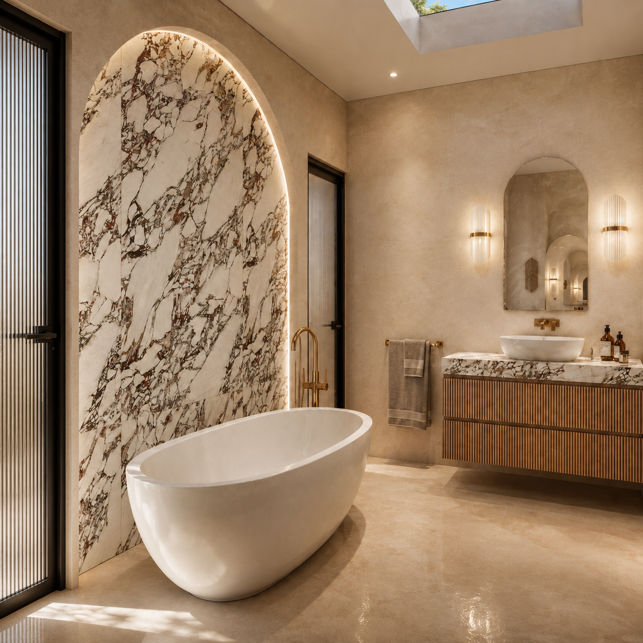 Luxury Bathroom with marble detail and LED lighting, layered lighting, free standing bath, bathroom renovation