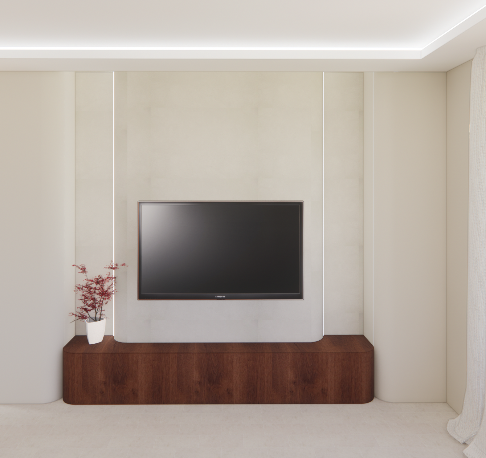 Living room wall with mounted flat-screen TV, wooden console below, and a potted plant on the left