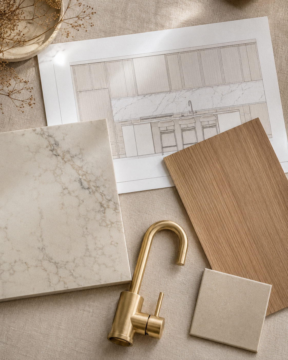 Kitchen joinery drawing and stone, timber and tapware finish samples for a Melbourne kitchen design