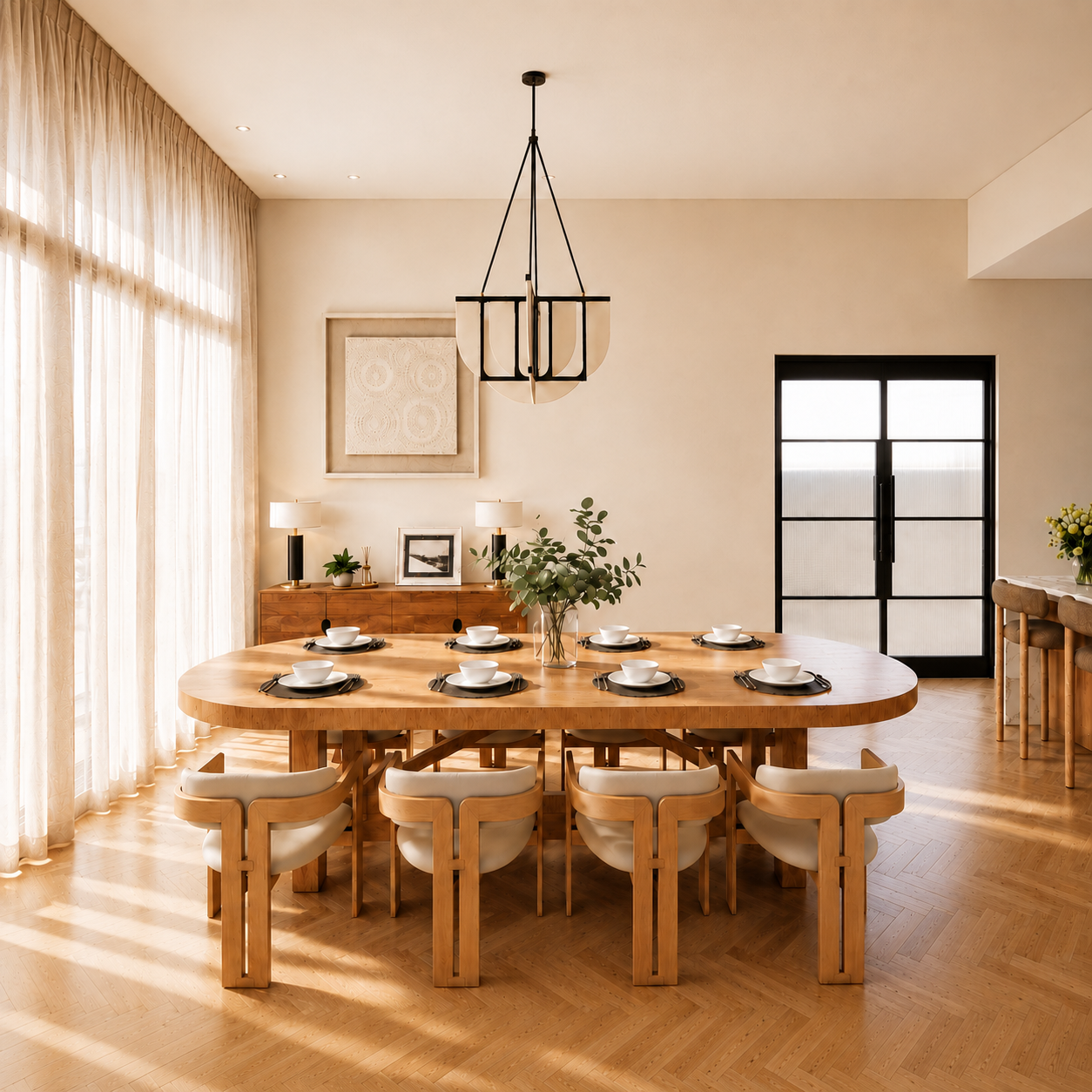 Contemporary dining room designed by a Melbourne interior designer, featuring a curved timber table, sheer curtains and herringbone flooring.