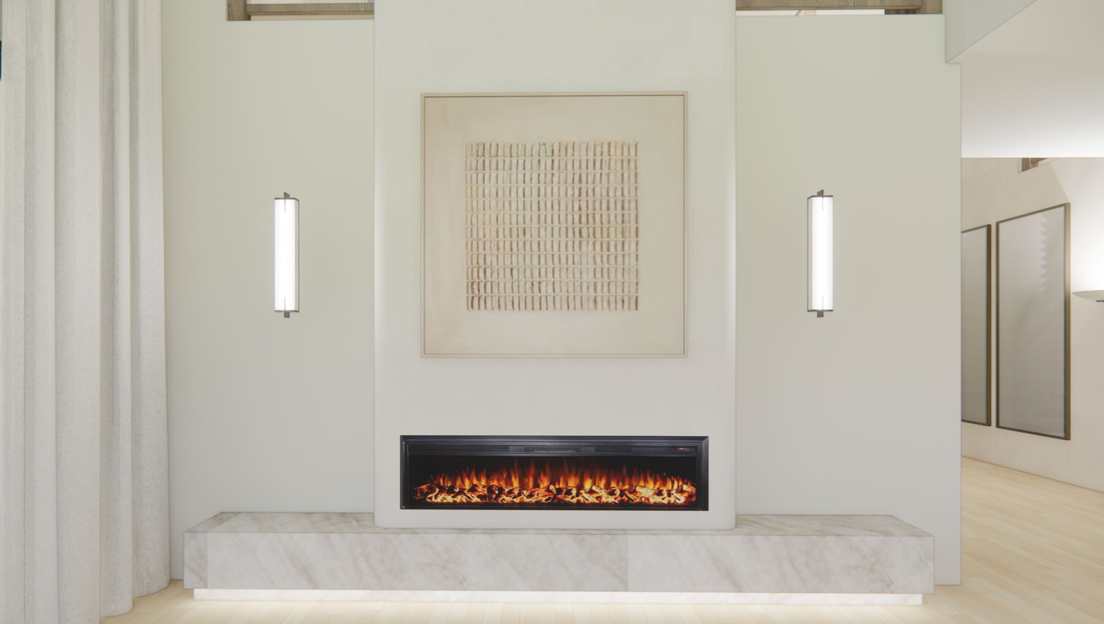 Modern living room with white wall, black electric fireplace, two vertical wall sconces, large abstract artwork, light-colored marble hearth, and partially visible curtains and wall art.