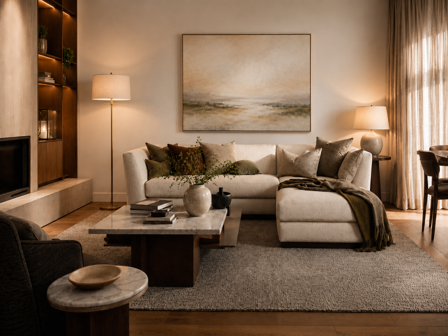 A warm, finished Melbourne living room with layered lighting and coordinated furnishings
