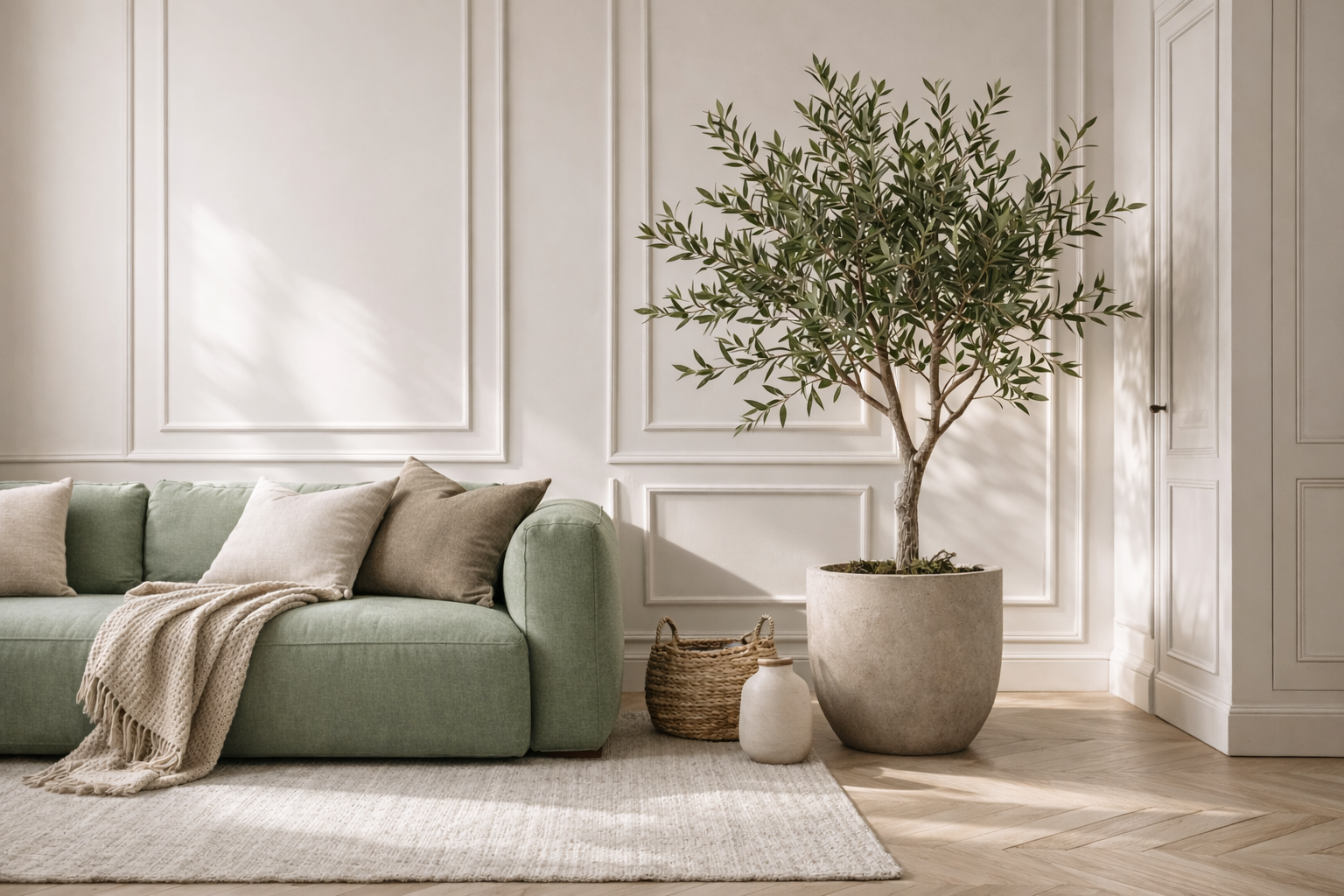 Living room with a light green sofa, beige and brown pillows, a beige throw blanket, a large potted olive tree, a woven basket, and a white ceramic vase, all in a bright space with white paneled walls and light wood flooring.