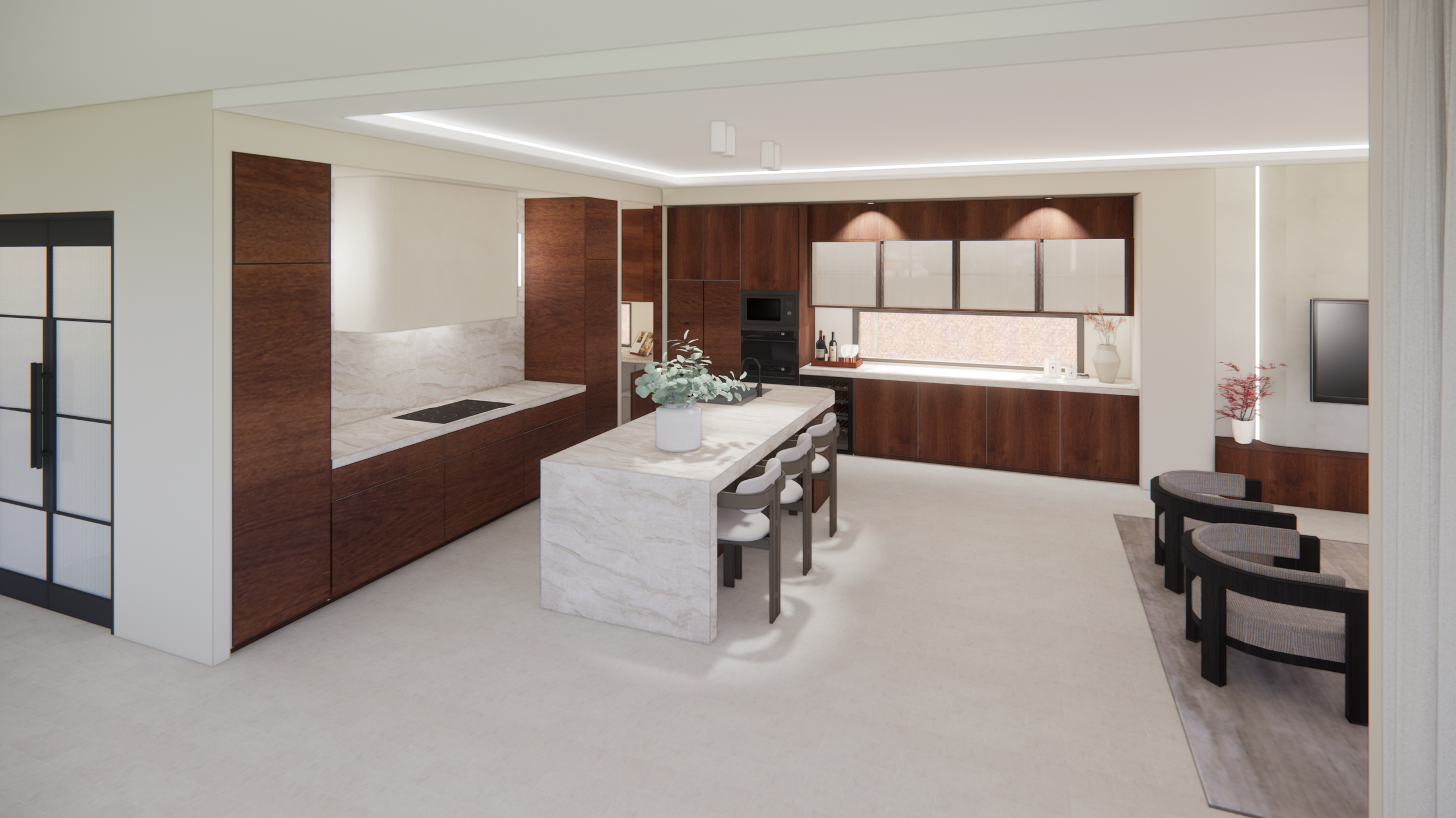 Modern kitchen with white marble island, wooden cabinets, window, seating area with chairs, and decorative plants