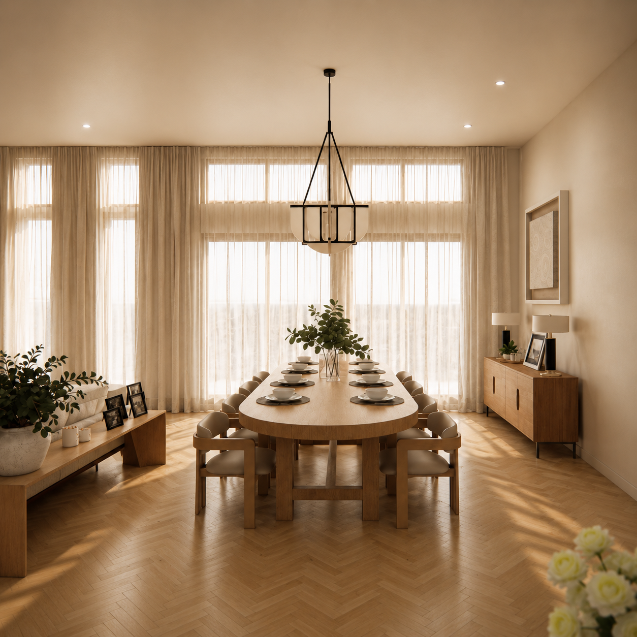 Contemporary dining room by a Melbourne interior designer, featuring a timber dining table, sheer curtains, herringbone flooring and warm natural finishes.