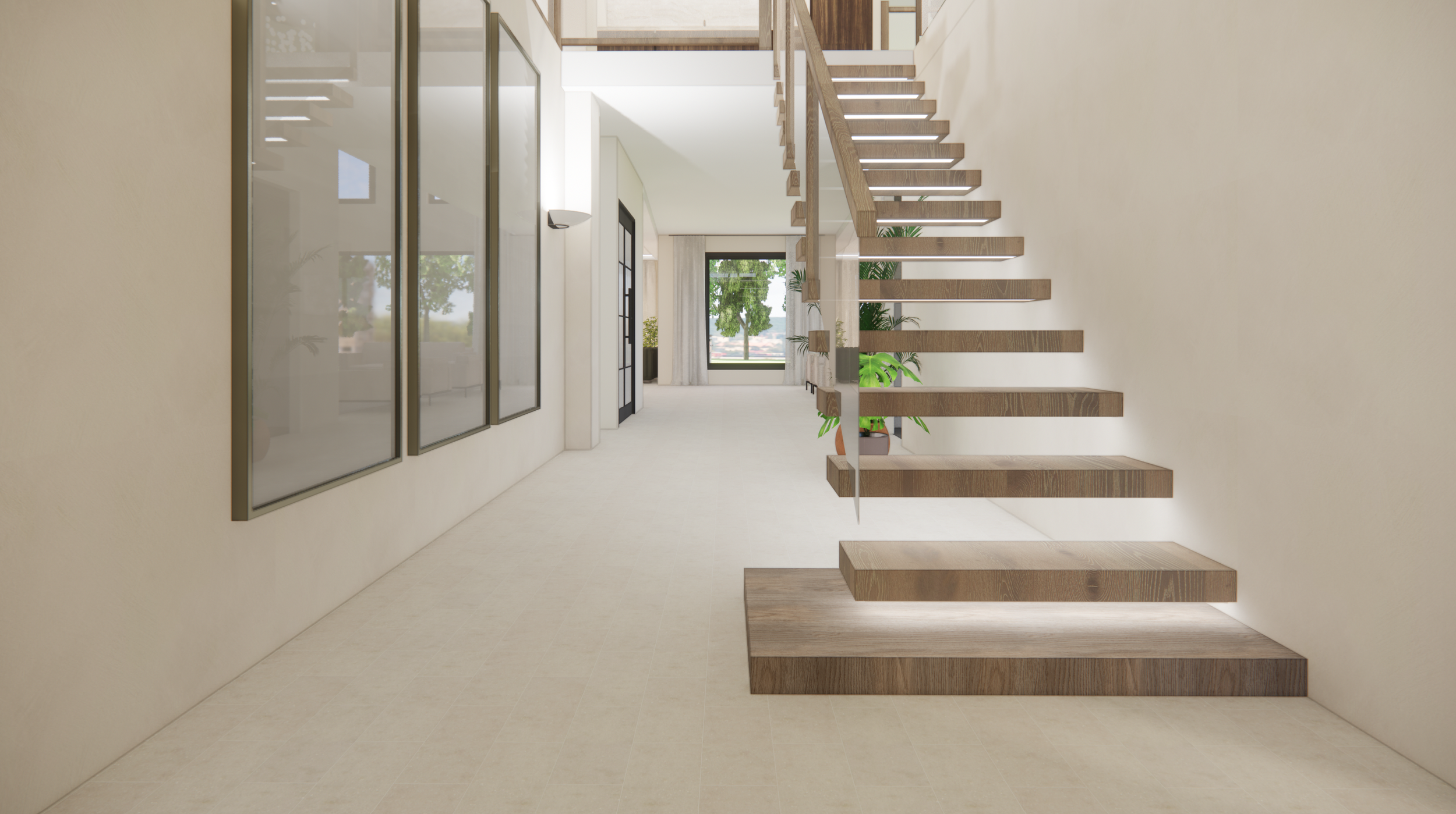 Modern interior with open staircase, large windows, beige walls, and some potted plants.