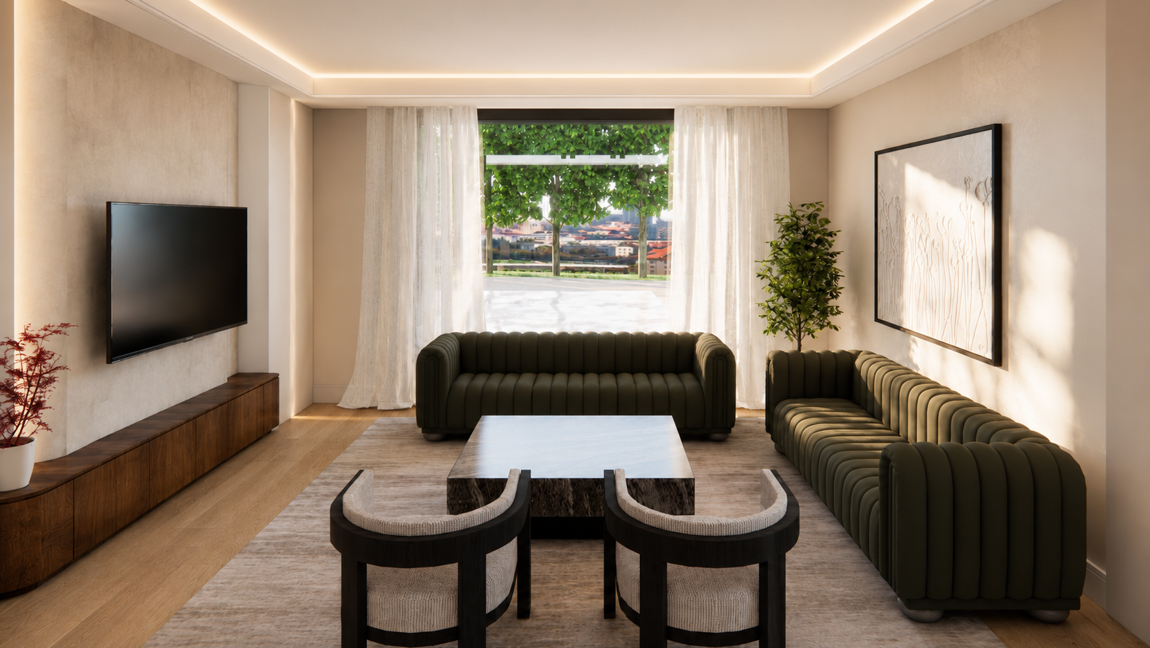 Luxury modern living room with olive green curved sofas, warm timber joinery, sheer curtains and LED ceiling cove lighting.