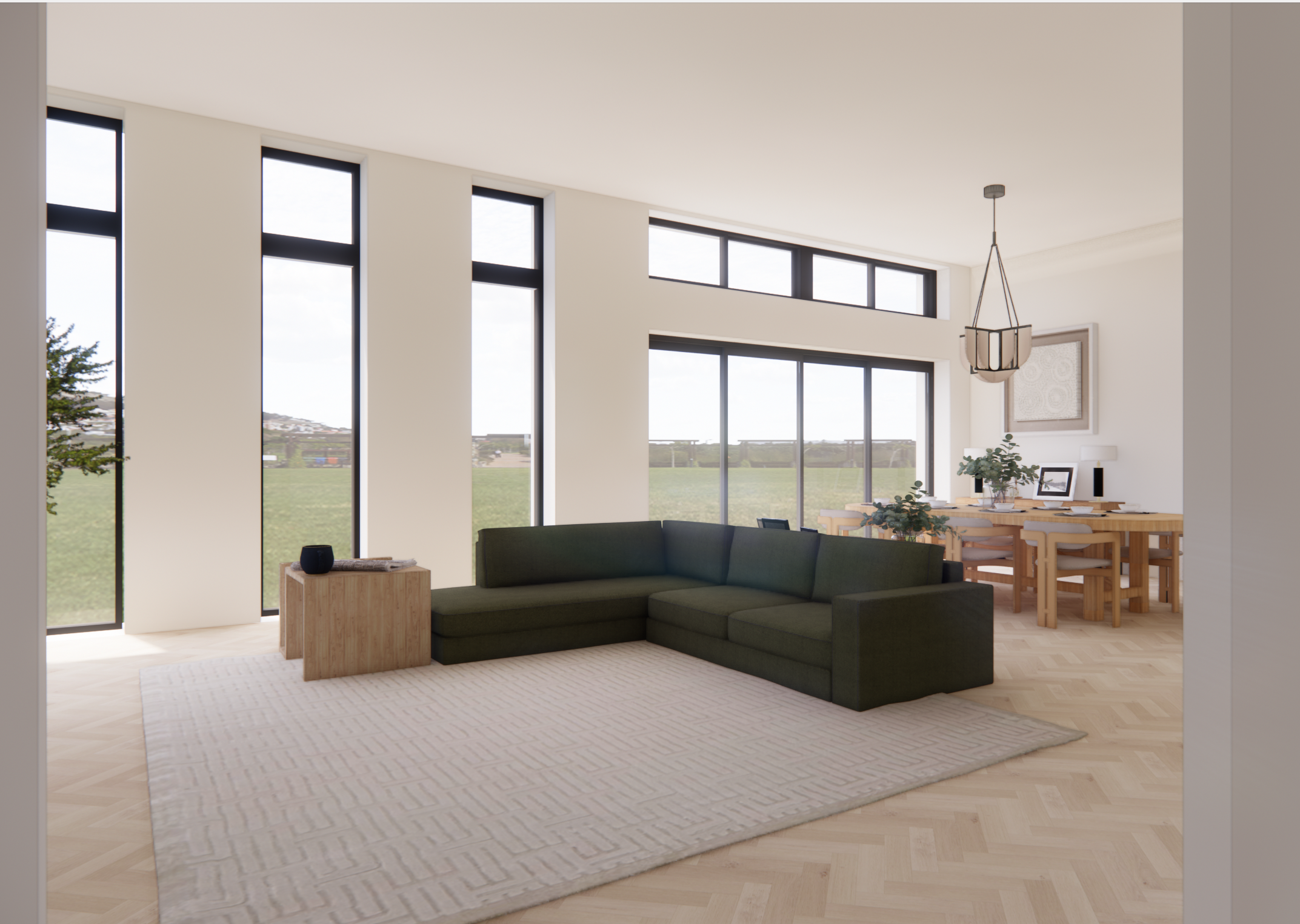 Modern living room with large window, green sectional sofa, light wood side table, dining area with wooden table and chairs, potted plants, and a chandelier.