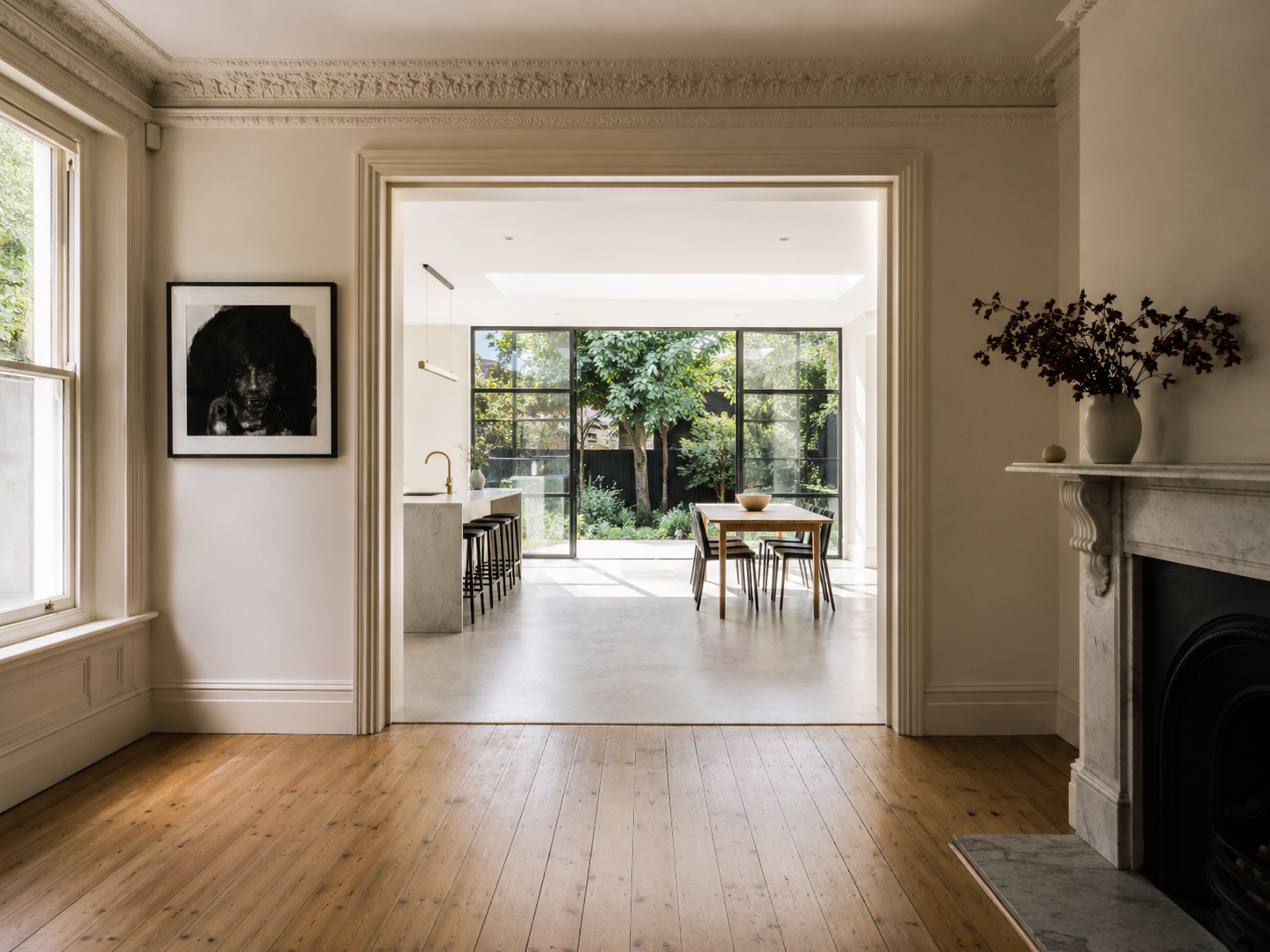 Period Melbourne home opening into a contemporary rear extension, showing heritage and modern design side by side