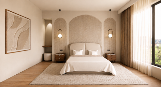 Luxury Bedroom, Primary suite, linen wallpaper, arched wall panelling, Calm and contemporary bedroom, renovation