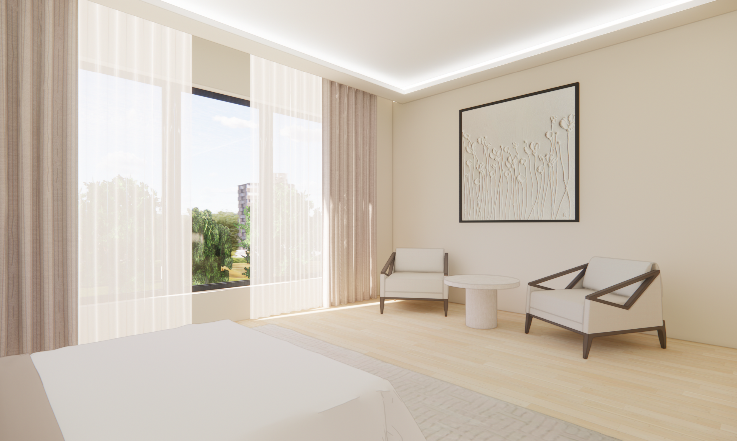 Bright and minimalist bedroom with large window, sheer curtains, two white armchairs with dark wood frames, a small round table, a large framed white textured artwork, and a light-colored wooden floor.