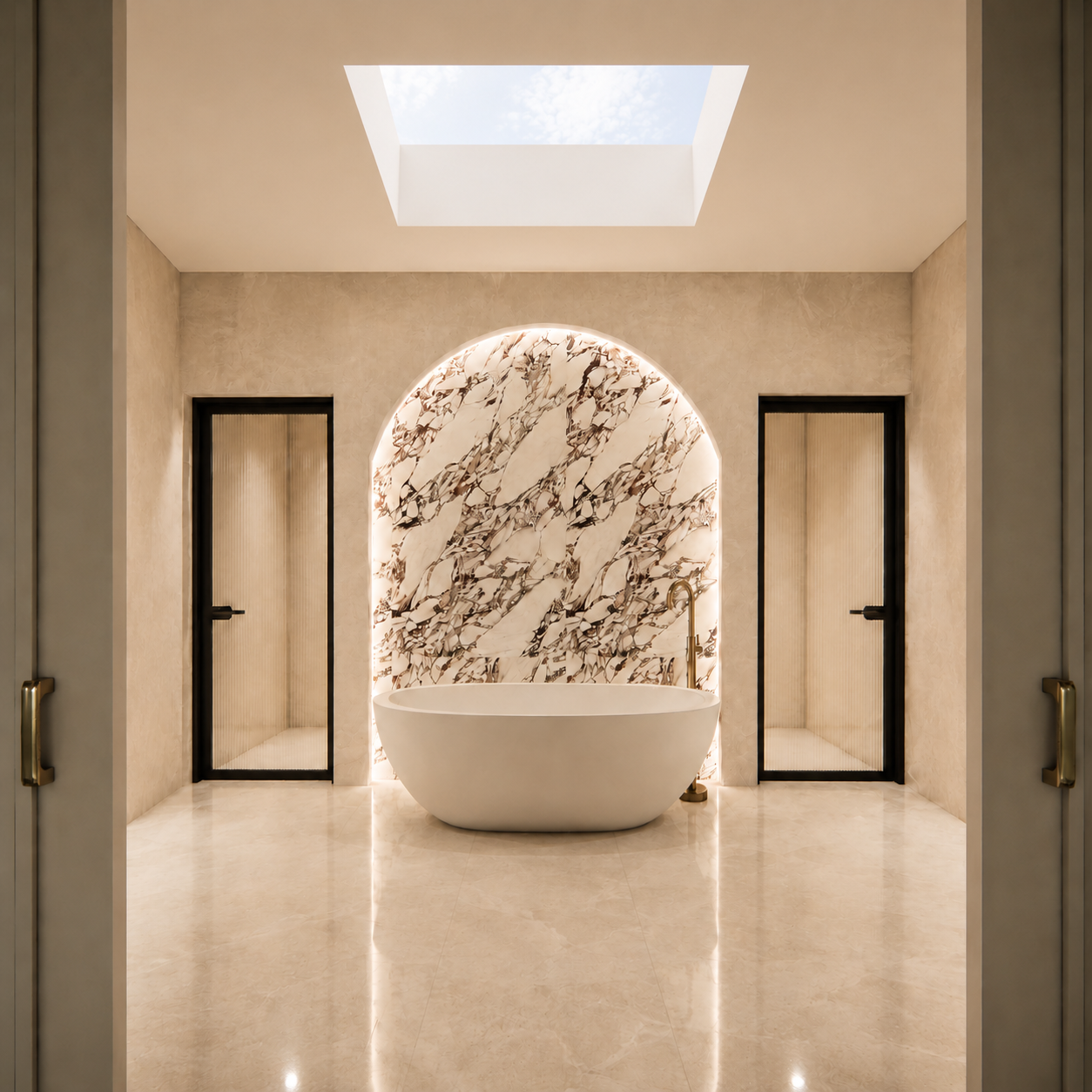 Luxury Bathroom with marble detail and LED lighting, layered lighting