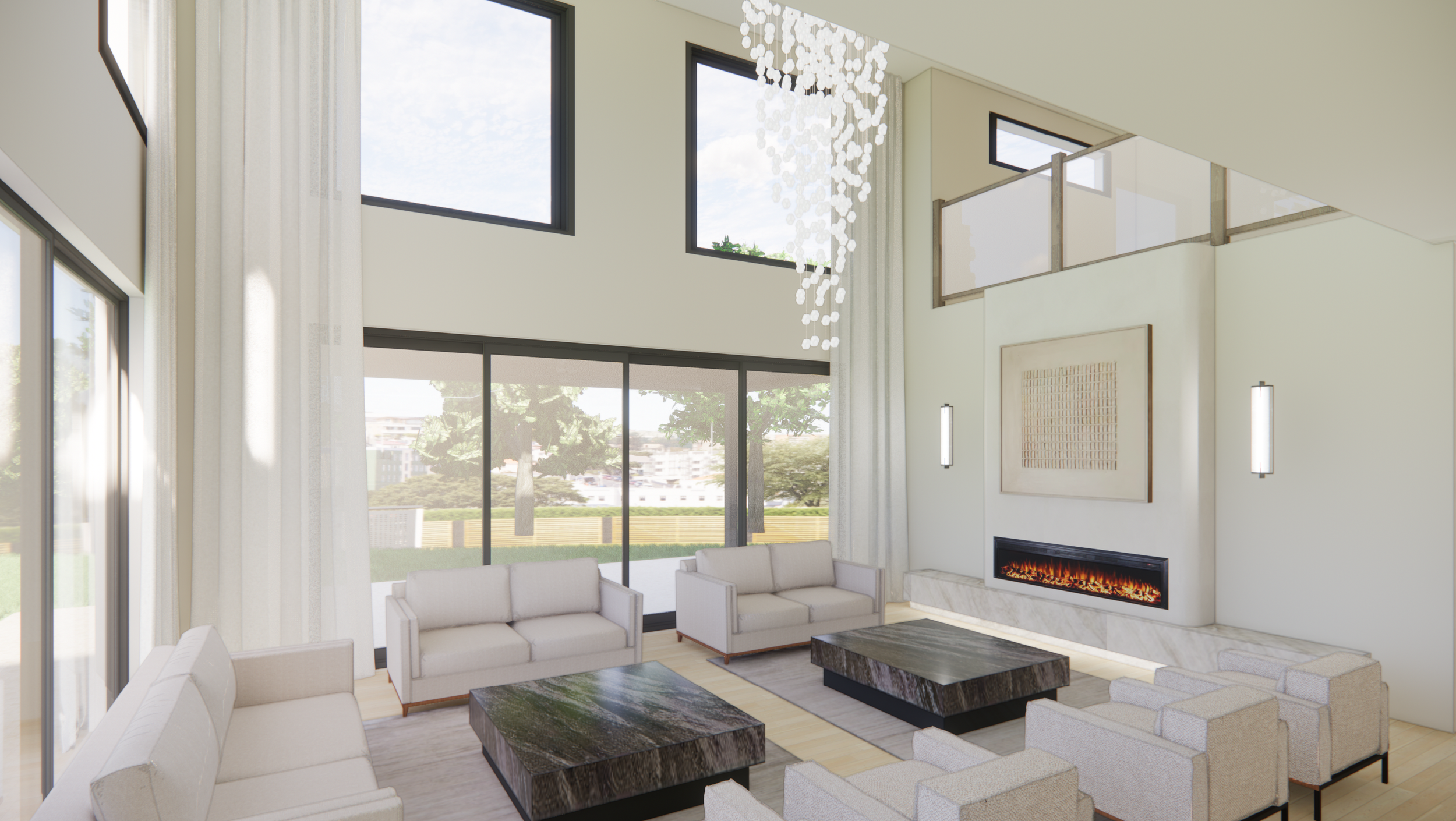 Bright modern living room with high ceilings, large windows, white sofas, a fireplace, and contemporary decor.