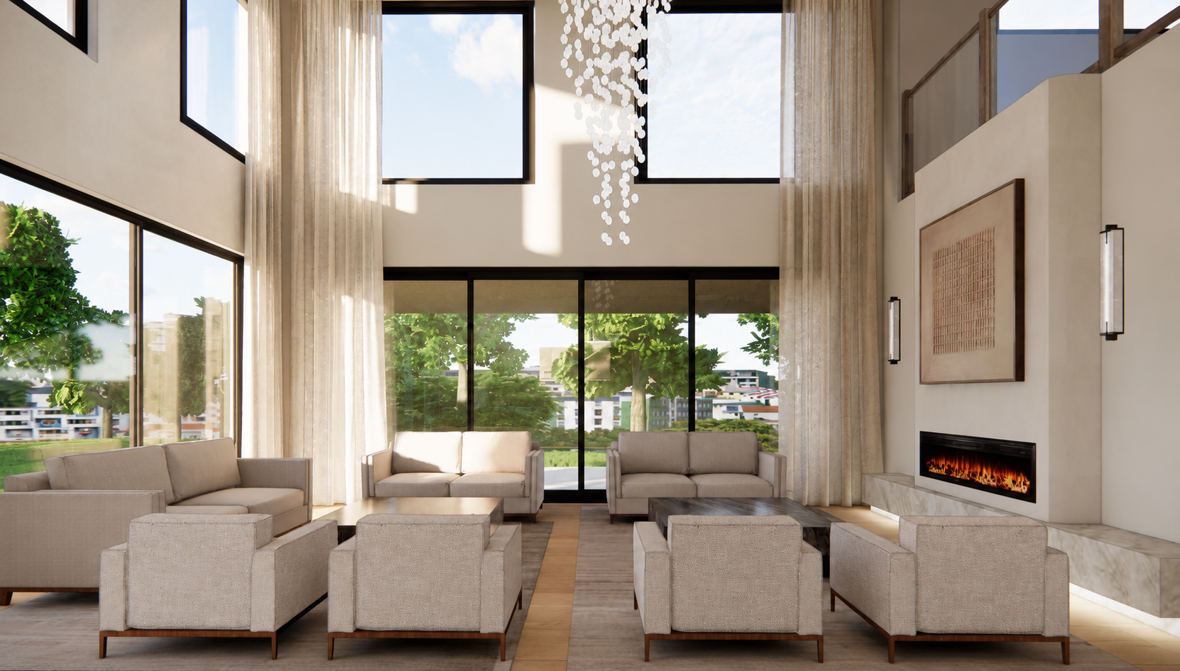 double height ceiling formal living area, large ceiling to floor curtains, fireplace and multiple seating for renovation