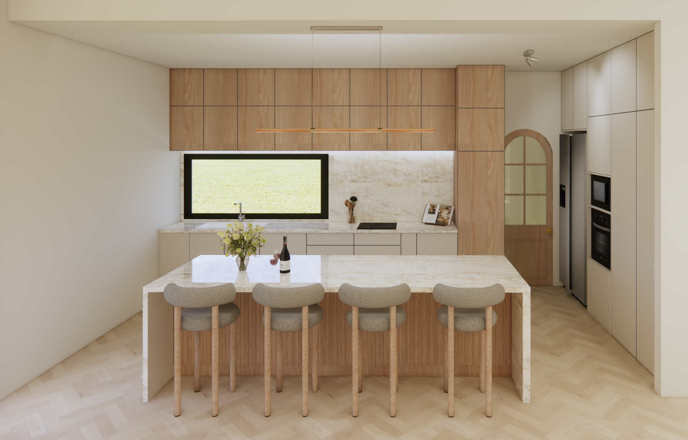 Modern kitchen with a marble island, four beige stools, wooden cabinetry, and a window above the sink.