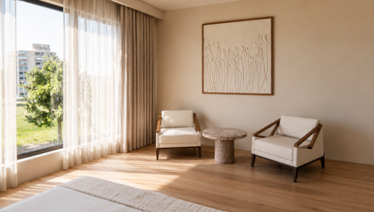 Luxury Bedroom, Primary suite, linen wallpaper, arched wall panelling, Calm and contemporary bedroom, renovation, seating area