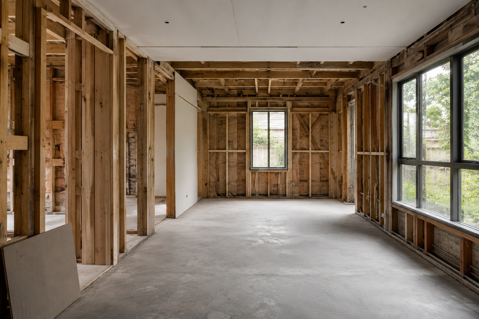 Exposed wall framing and subfloor in a home mid-renovation
