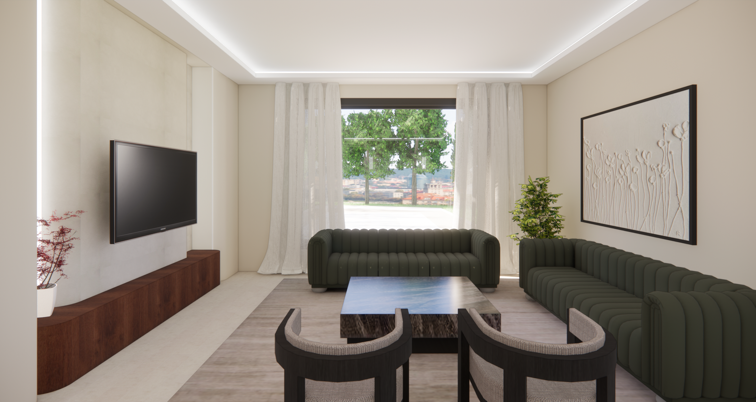 Modern living room with two green sofas, a marble coffee table, a wall-mounted TV, a large window with curtains, and artwork on the wall.