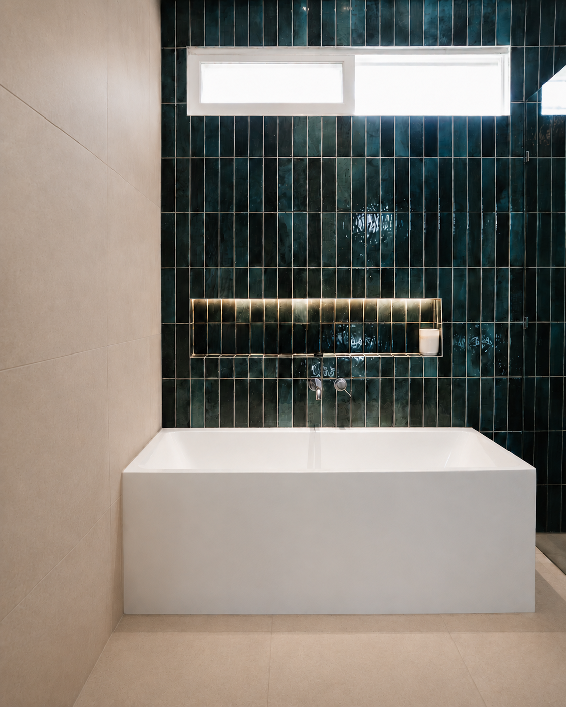 Full-height green tiled ensuite wall with freestanding bath and high window, renovation in Yarraville by Lúrae Studio