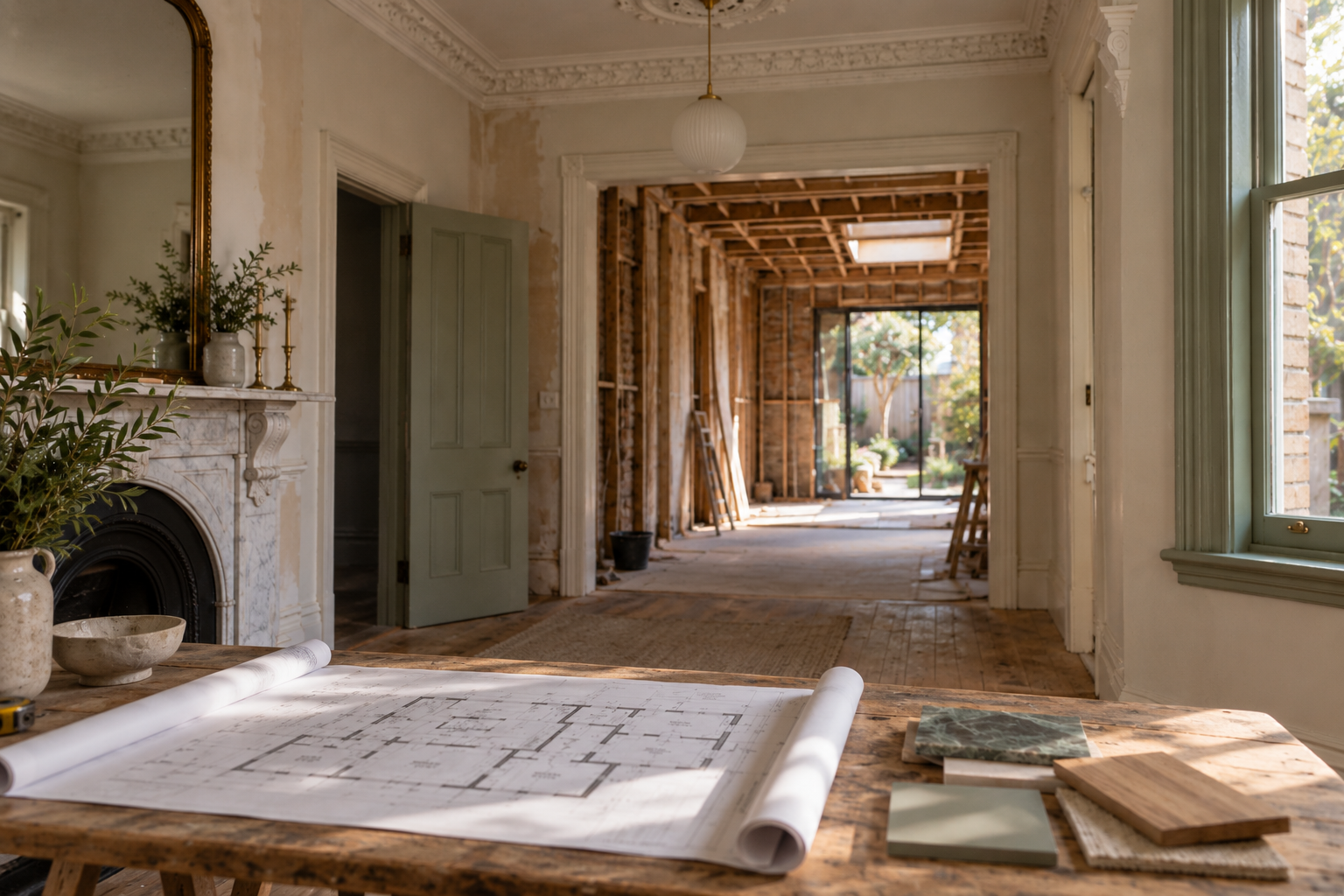 Period home in Melbourne's inner west mid-renovation, with exposed wall framing and floor plans laid out on a trestle