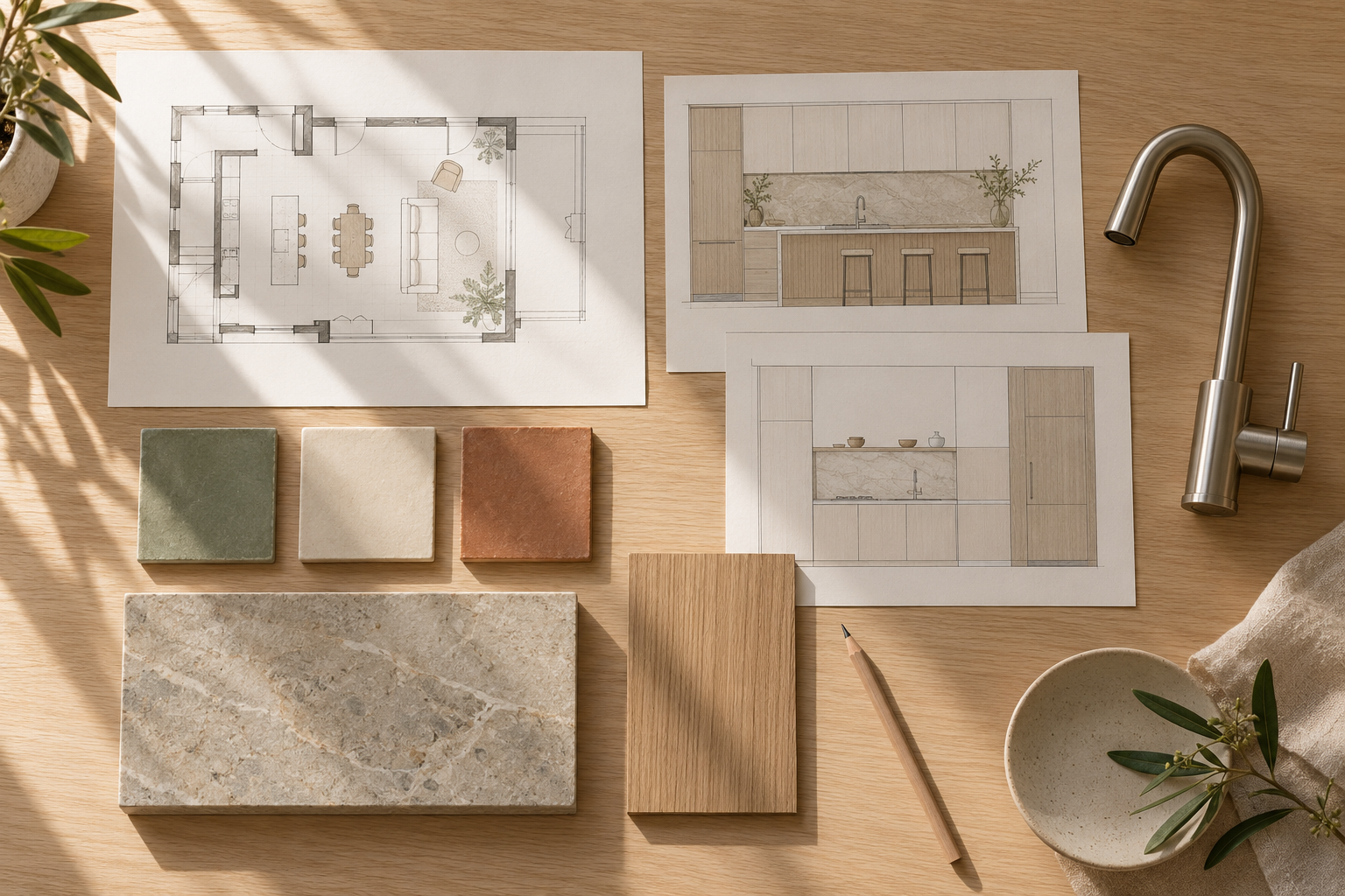 Renovation selections laid out on a desk: floor plans, tapware, tile, stone and timber samples