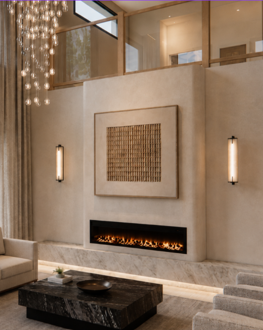 Luxury fireplace, LED lighting, layered lighting, warm and inviting, contemporary living area, renovation