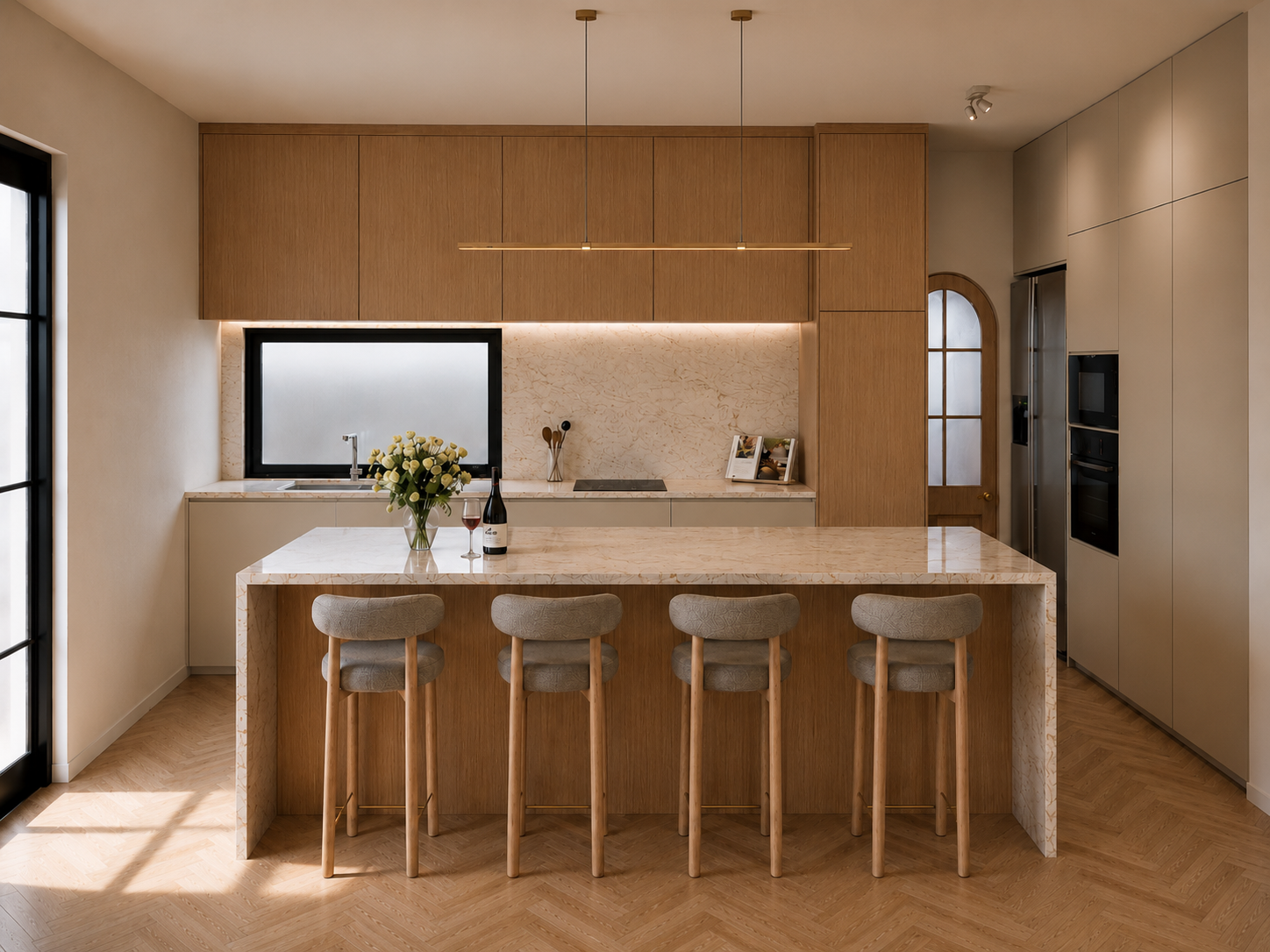 Contemporary dining room by a Melbourne interior designer, featuring a timber dining table, sheer curtains, herringbone flooring and warm natural finishes.