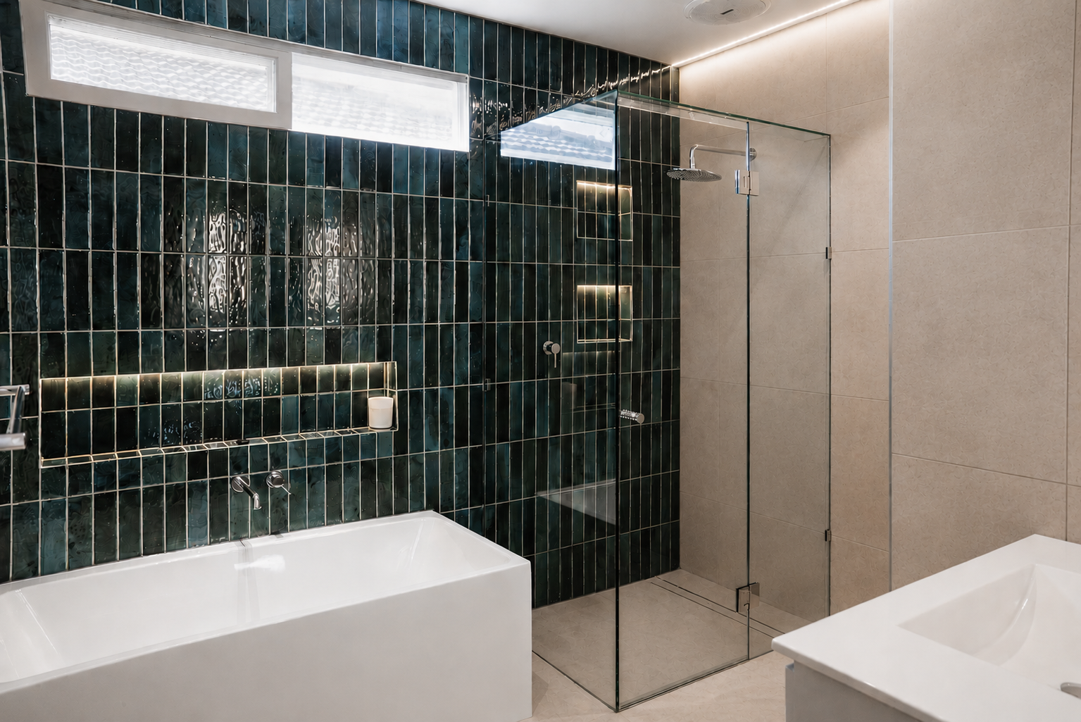 Modern bathroom with glossy deep green vertical tiles, a white freestanding bath, frameless glass shower, beige stone-look tiles and integrated LED lighting.