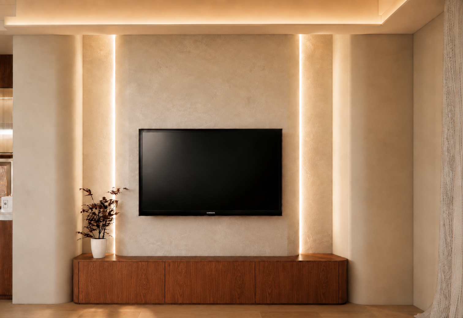Luxury modern living room with olive green curved sofas, warm timber joinery, sheer curtains and LED ceiling cove lighting. TV Wall