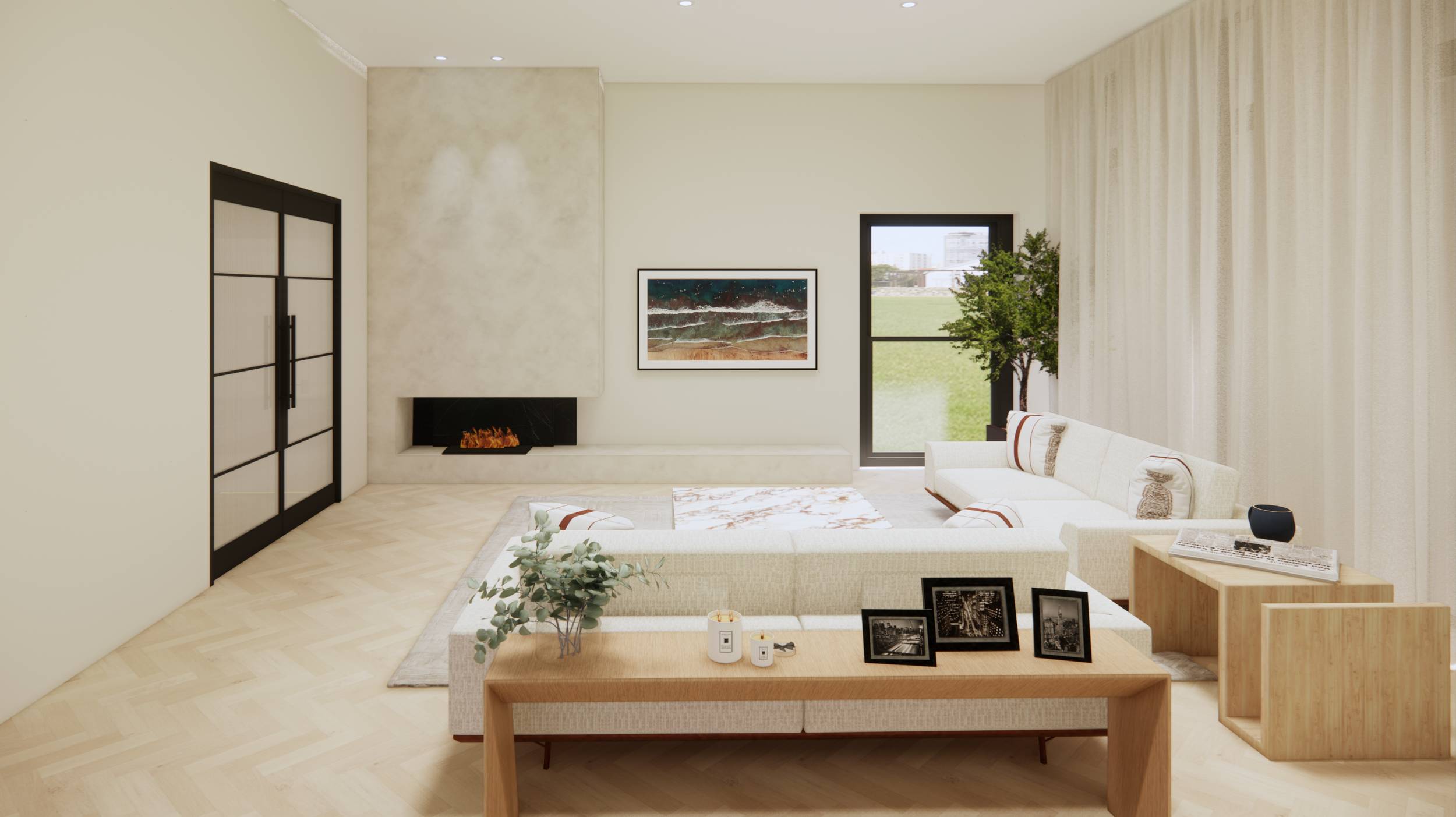 Living room with white sectional sofa, wooden side tables, a fireplace, a large window with curtains, a painting on the wall, a potted tree, and various picture frames and decor.