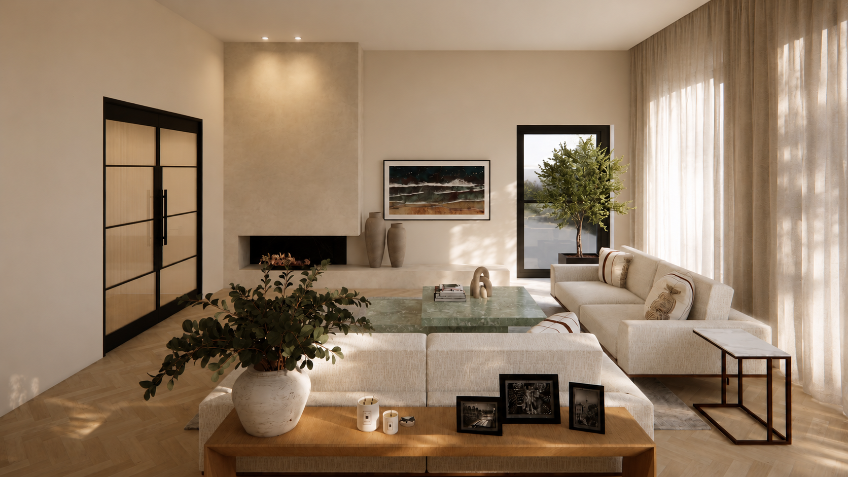 Contemporary living room designed by a Melbourne interior designer, featuring a cream sectional sofa, built-in fireplace, sheer curtains and herringbone timber flooring.