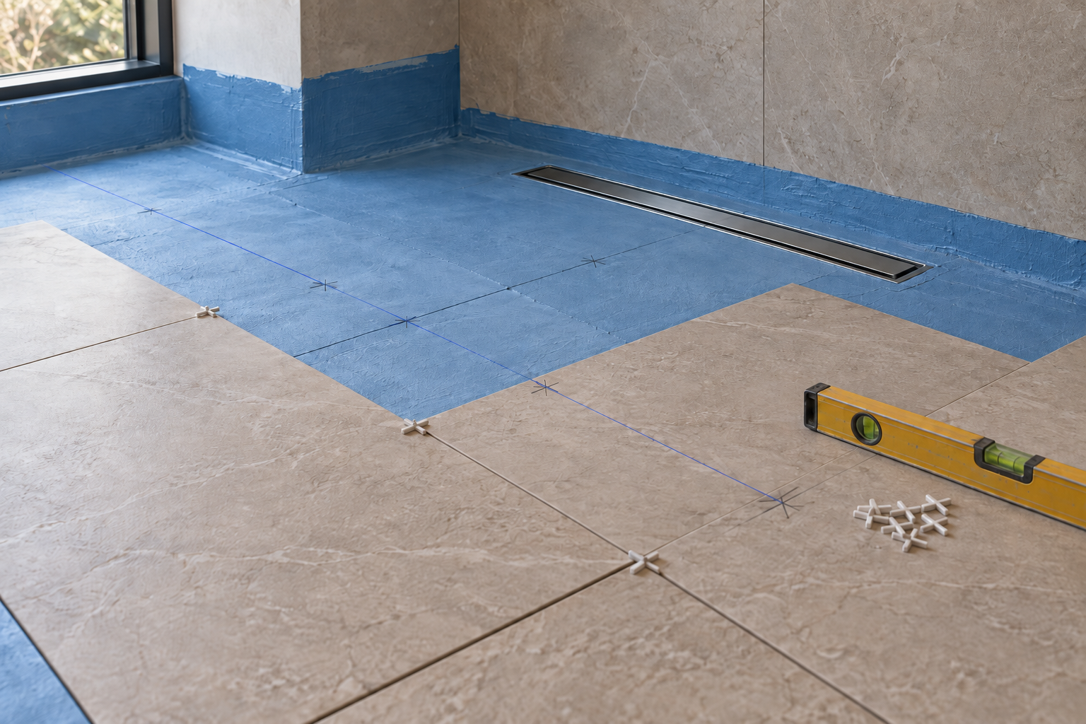 Bathroom floor tiles dry-laid with pencil set-out lines before tiling