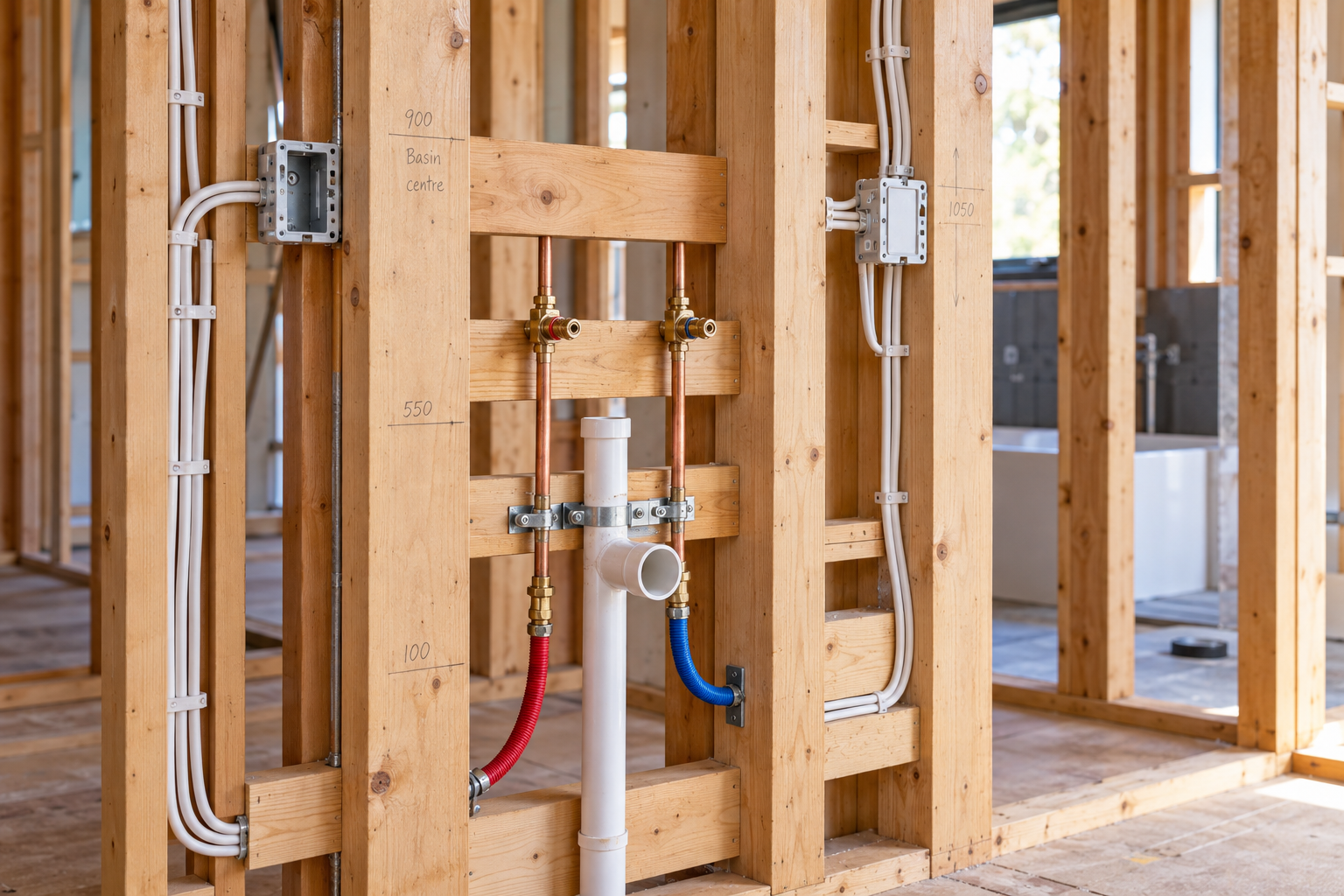 Open timber wall frame showing electrical cables and plumbing before plastering