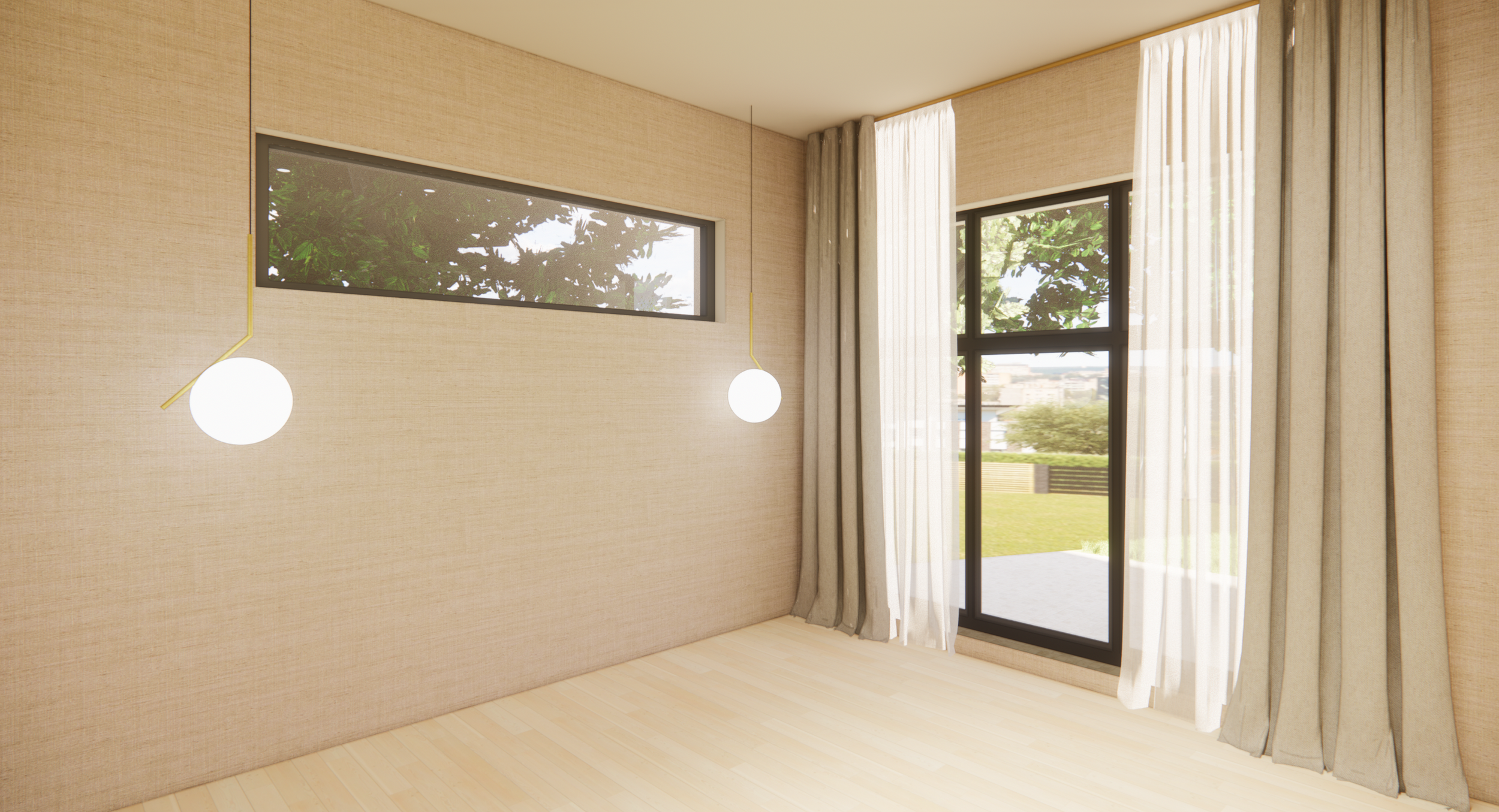 Empty room with large windows, beige curtains, and hanging round lamps.