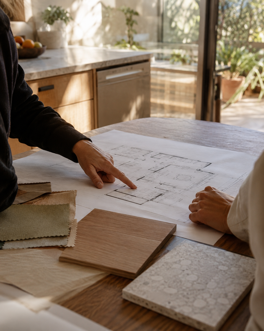 Homeowner and designer reviewing a floor plan together during a Melbourne design consultation