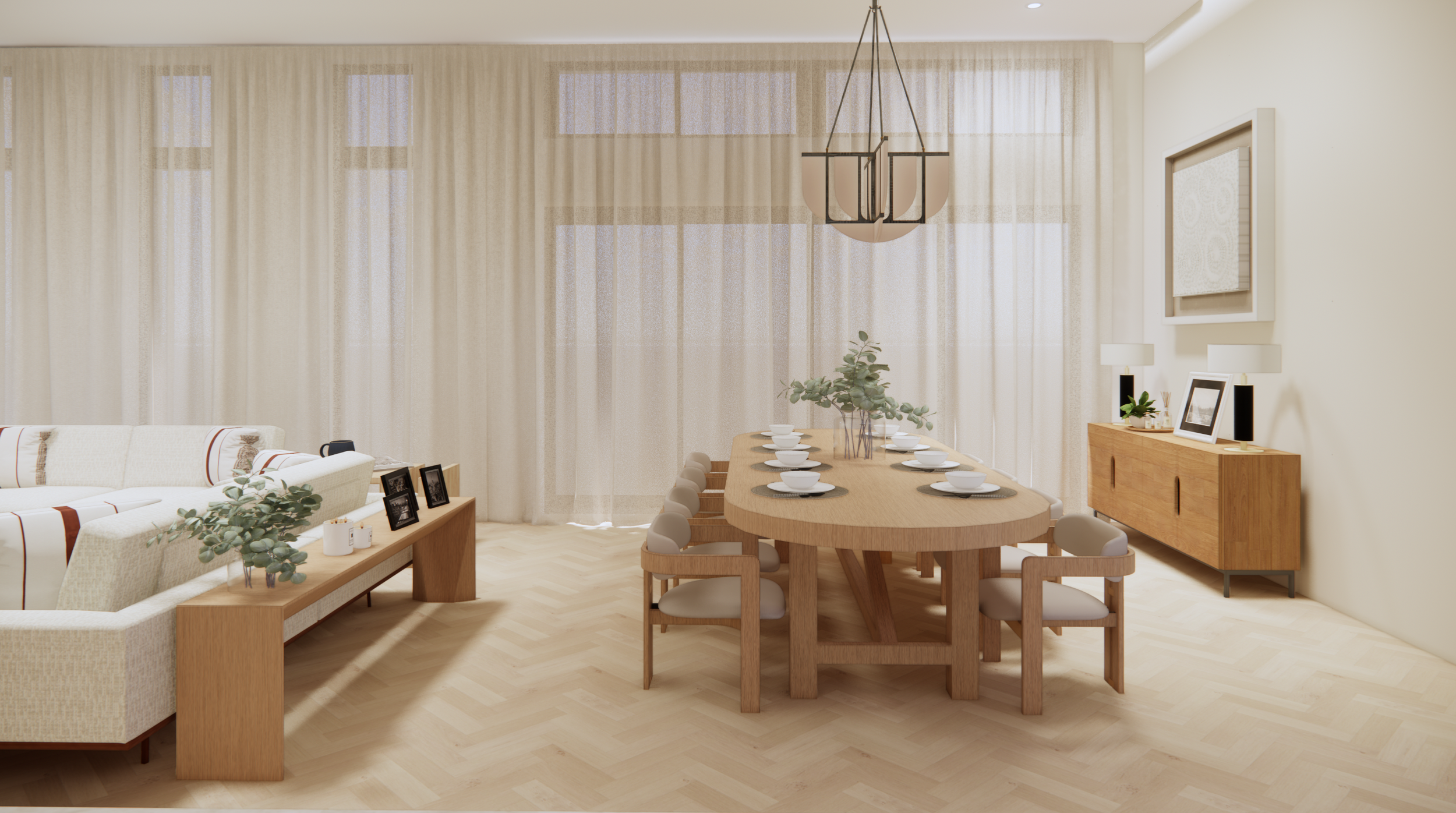 Modern dining and living room with wooden furniture, white curtains, and decorative items.