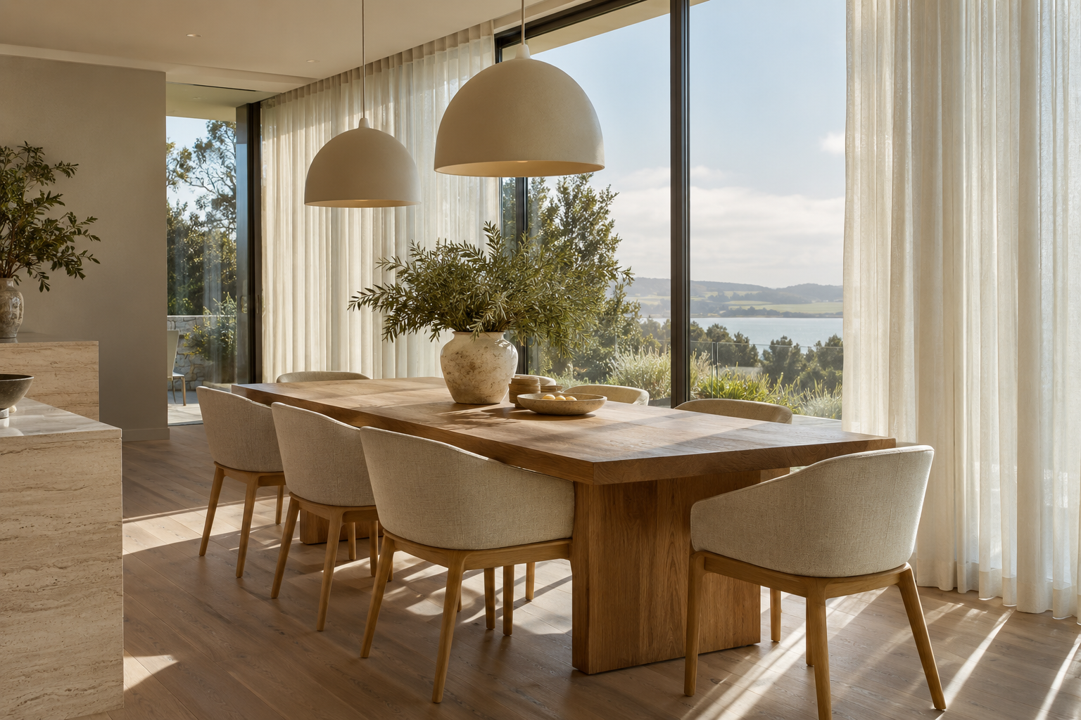 Dining room in a renovated Edwardian home, with the pendant centred over the table and curtains on a recessed ceiling track
