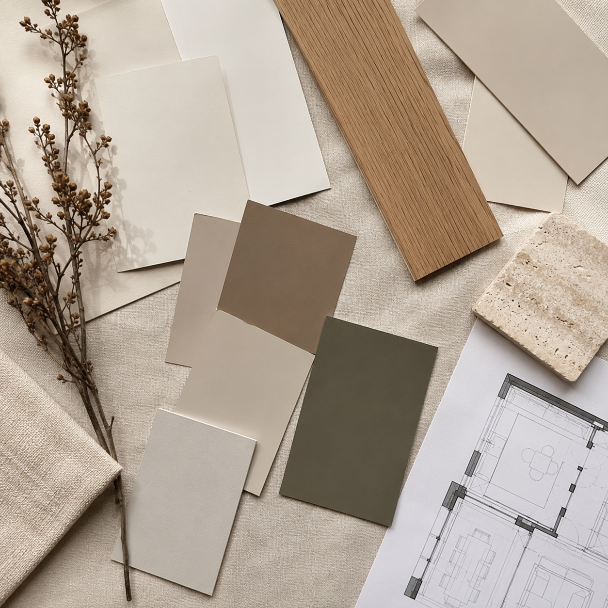 Concept moodboard with paint, timber and stone samples for a whole-home interior design project