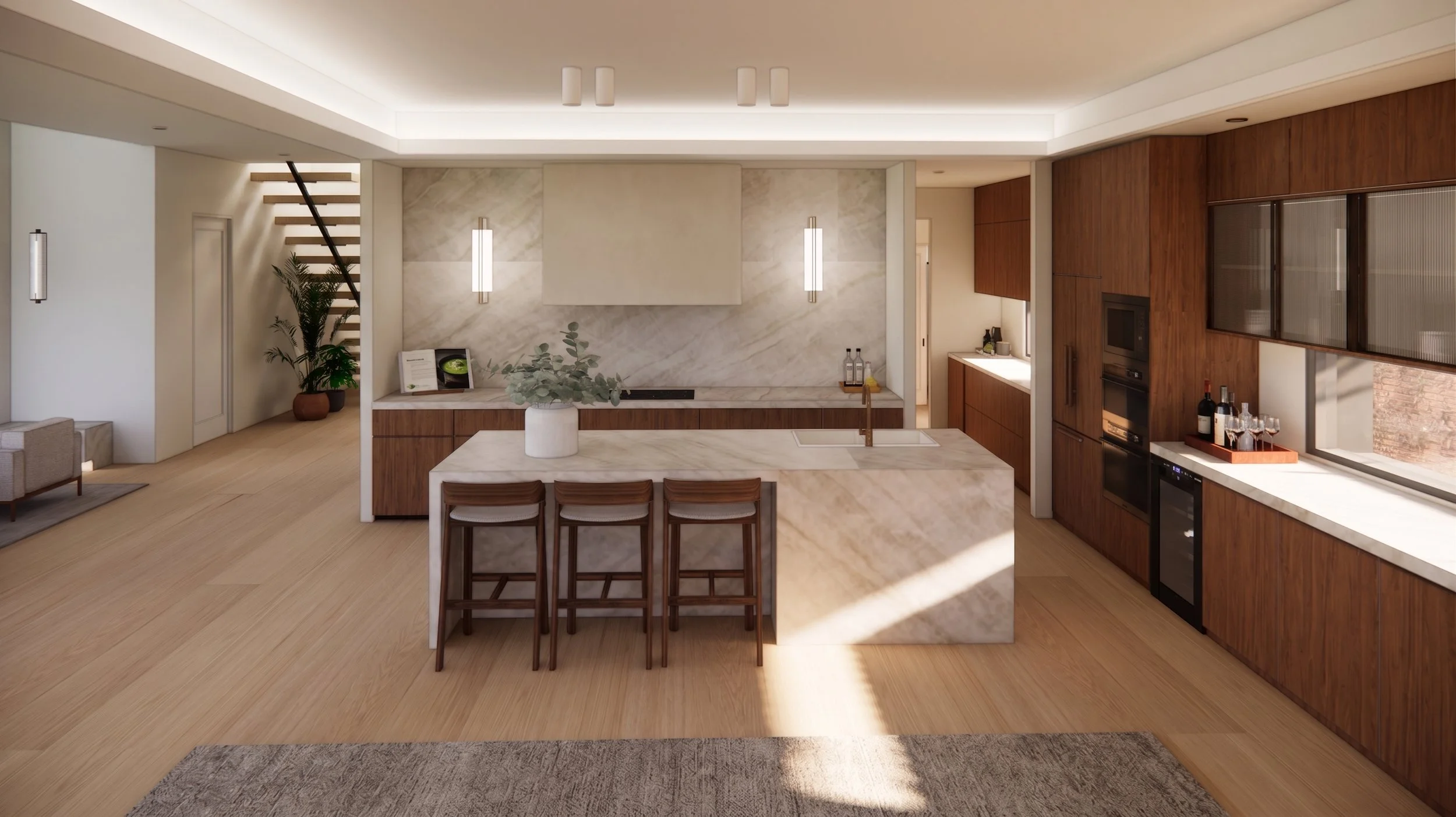 Modern warm timber kitchen with marble island, marble splashback, fluted glass cabinets and light oak flooring in an open-plan home.