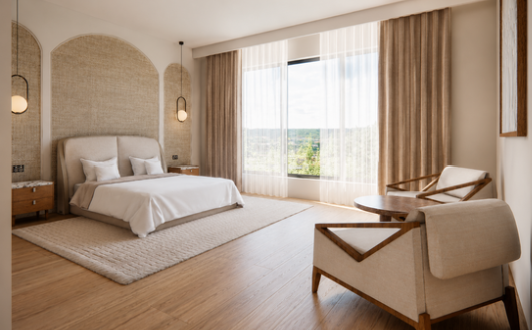 Luxury Bedroom, Primary suite, linen wallpaper, arched wall panelling, Calm and contemporary bedroom, renovation