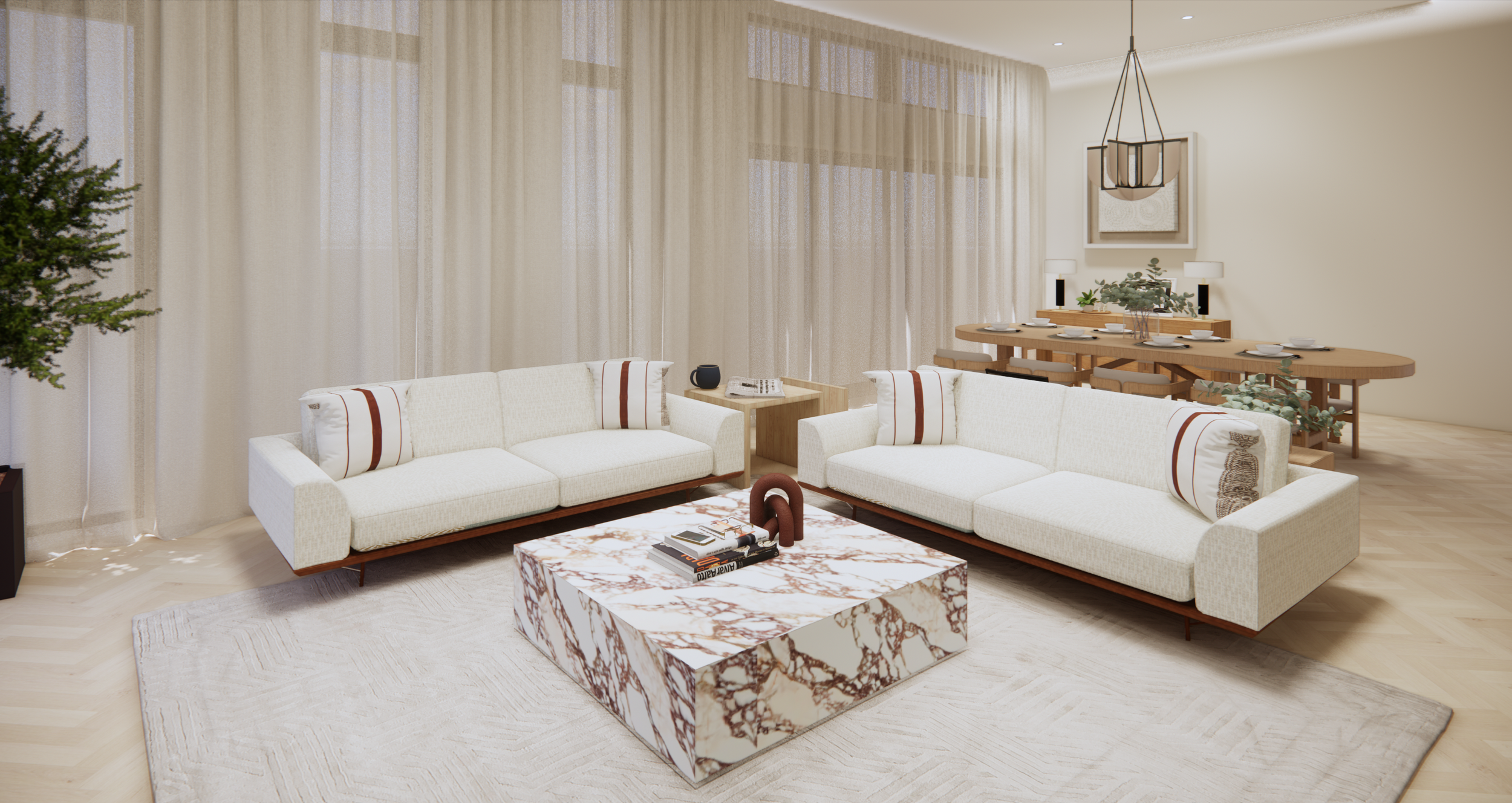 Modern living room with two white sofas, a marble coffee table, a beige rug, and a dining area with a wooden table and chairs. Curtains cover large windows, and there is artwork and lighting on the walls.