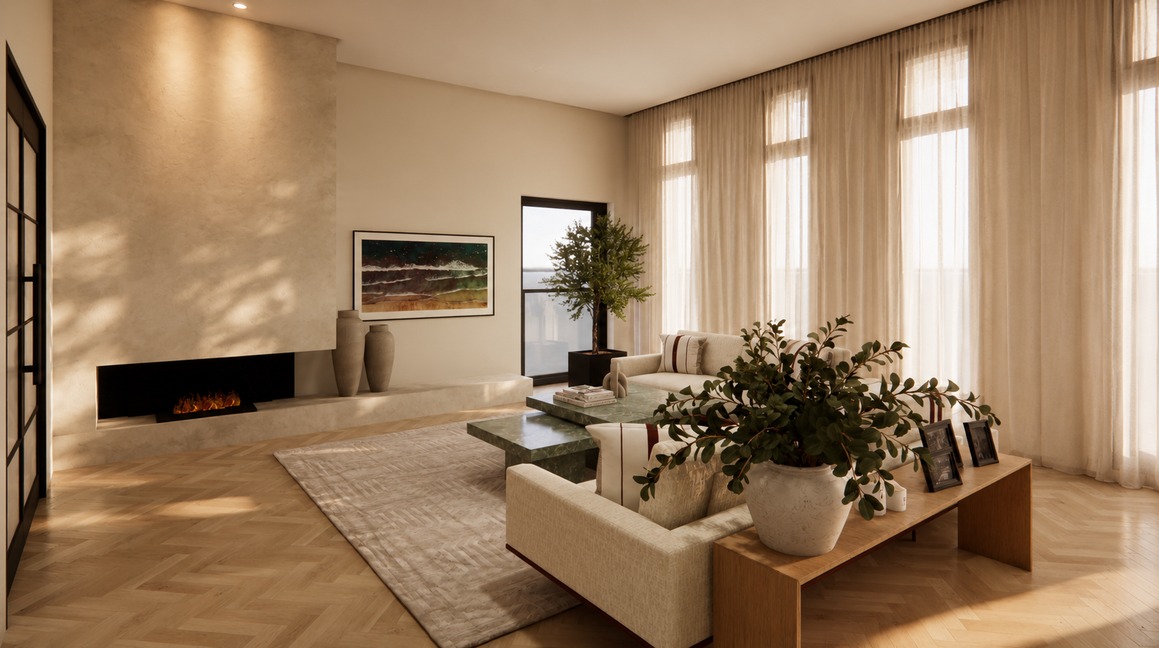 Warm neutral living room with textured fireplace, sheer curtains, timber flooring, cream sofa, stone coffee table and layered contemporary styling.