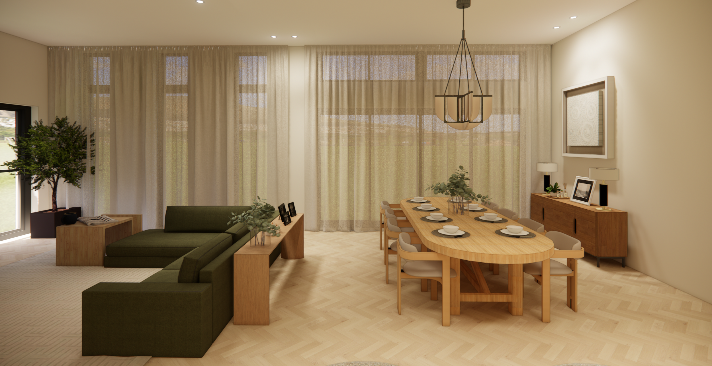 Living and dining area with a wooden dining table set for eight, green L-shaped sofa, side tables, display frames, a large plant by the window, sheer curtains, and framed artwork on the wall.