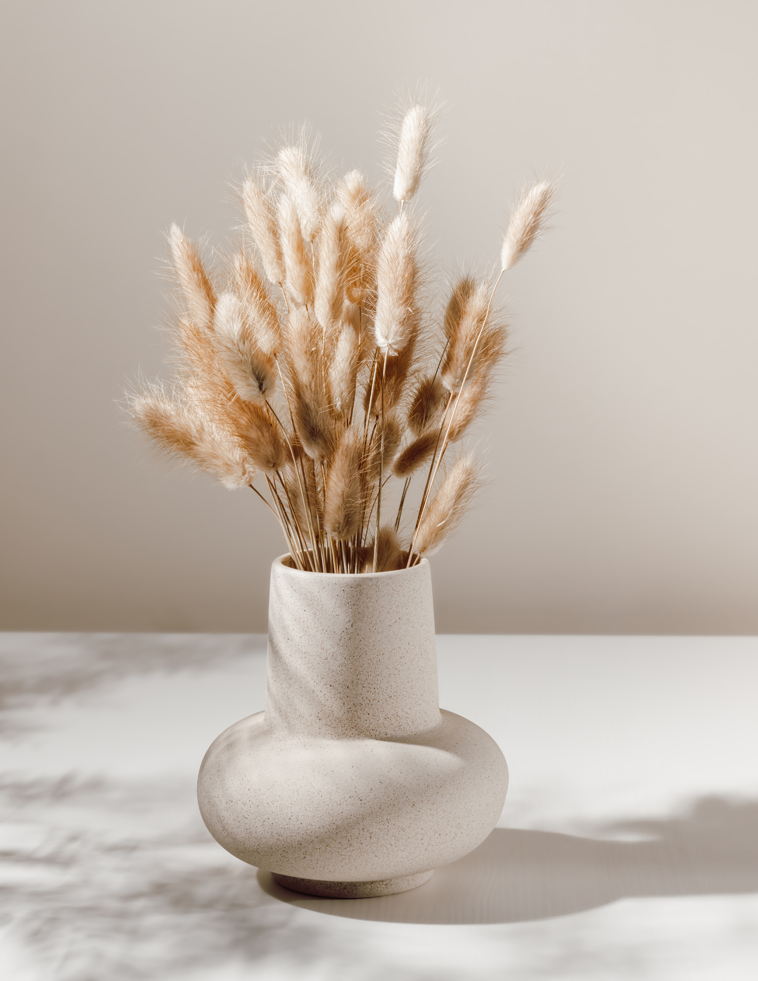 Modern ceramic vase holding dried pampas grass on a neutral background.