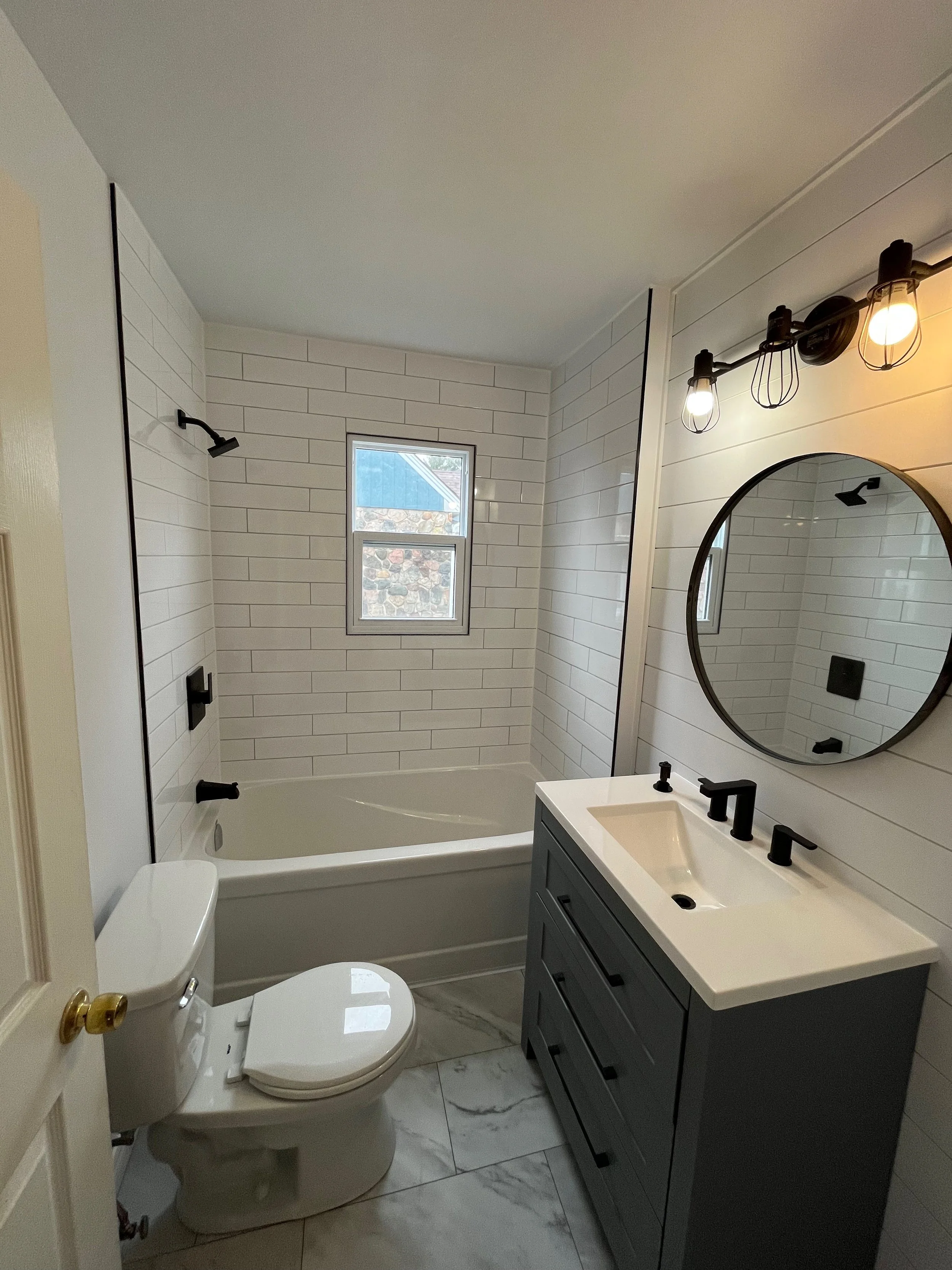 bathroom reno, tiled shower, shiplap 