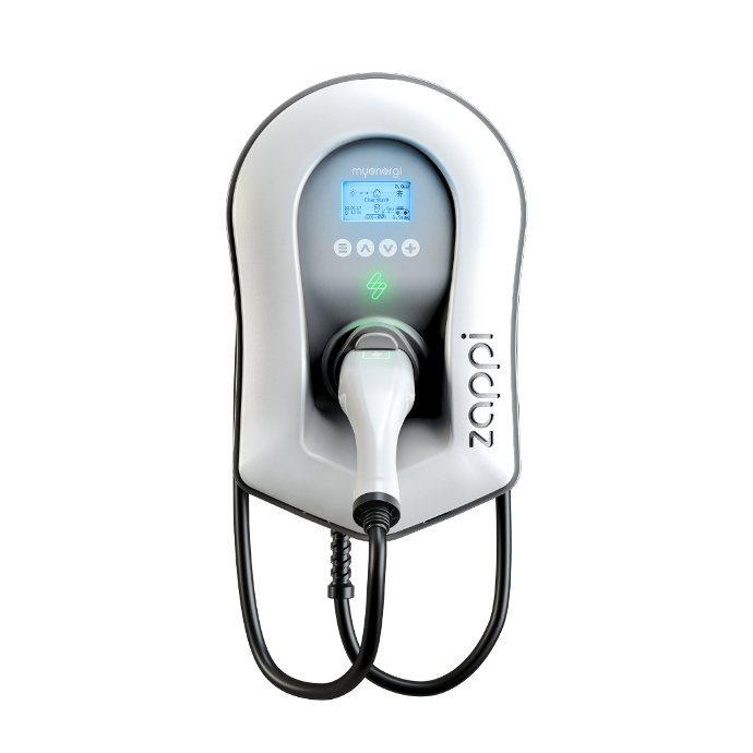 Myenergi Zappi smart EV charger 7kW-22kW Multiphase white with type 2, 6.5m cable Front