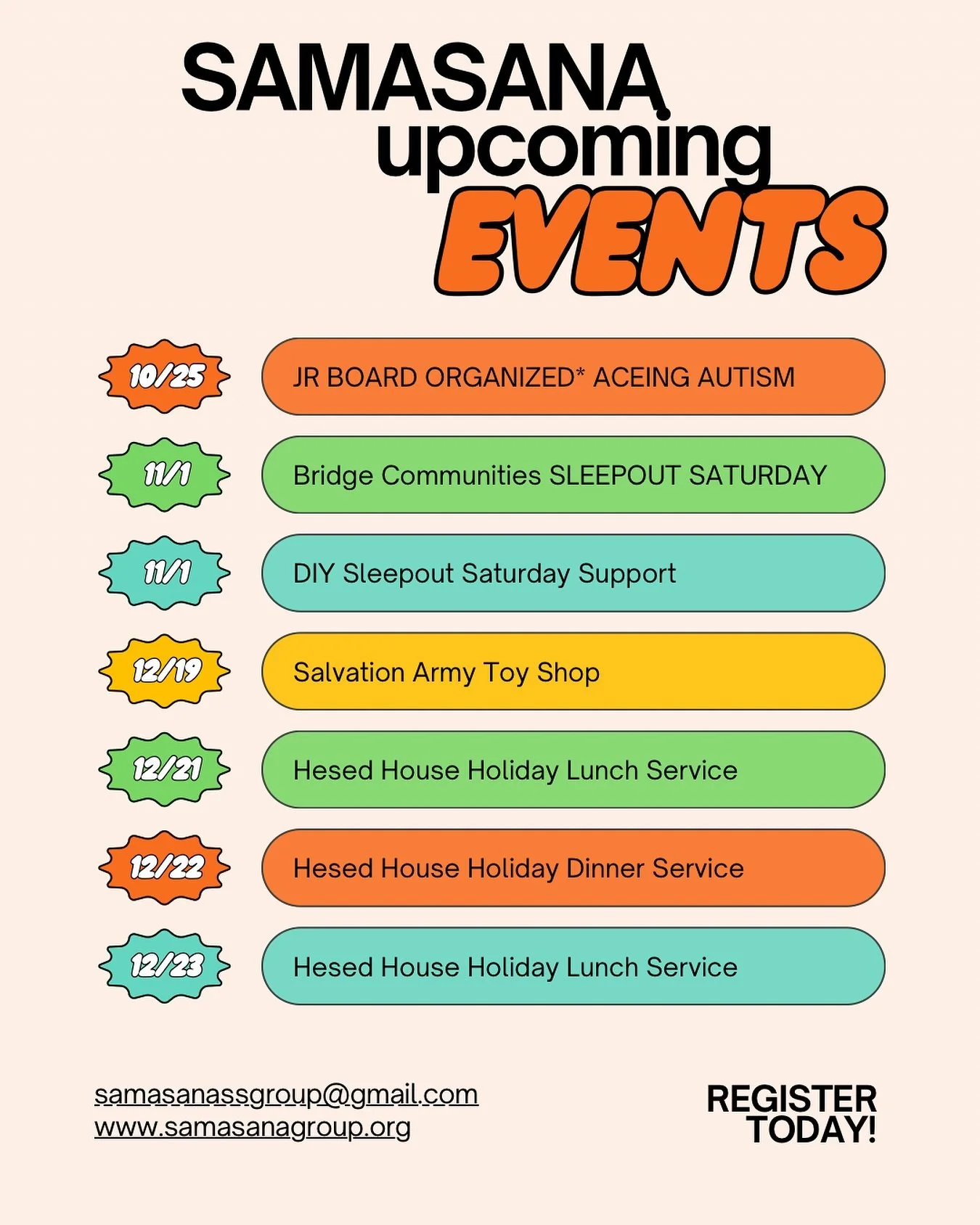 Fall into service with us 🍂➡️🎁
From October to December, we&rsquo;ve got incredible volunteer opportunities lined up &mdash; all we need is YOU!

With Aceing Autism to Sleepout Saturday to holiday meals at Hesed House, there&rsquo;s something for e