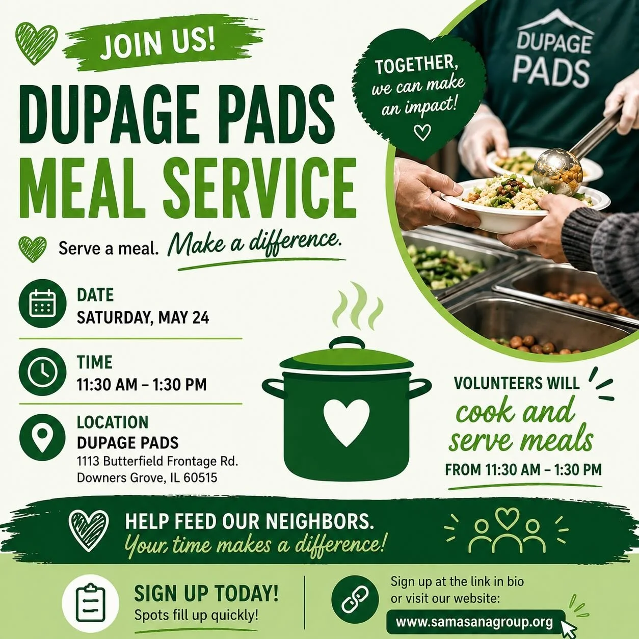 Got a couple hours on a Sunday? 👩🏽&zwj;🍳 👨&zwj;🍳 

Our most family friendly event: DuPage Pads Meal Service! MAY 24, 11:30-1:30! Grab the kids, roll up your sleeves, and make a difference!
