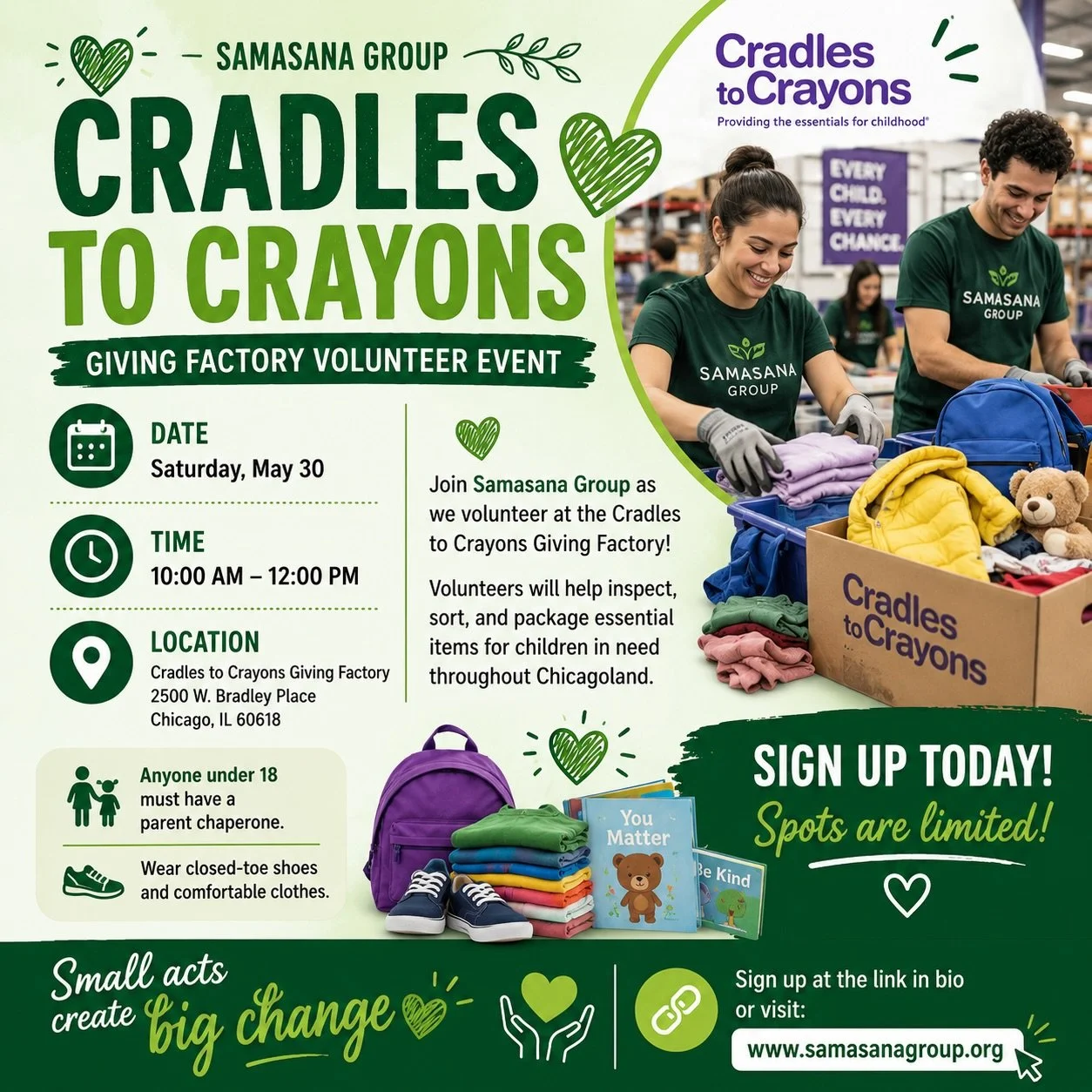 Join us for our upcoming 💚 Cradles to Crayons Giving Factory Volunteer Event 💚

Together, we&rsquo;ll help inspect, sort, and package essential items for children in need throughout Chicagoland. From clothing and shoes to books and school supplies,